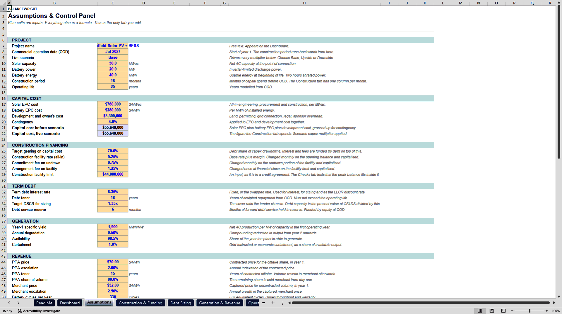 Solar PV & Battery (BESS) Project Finance Model with DSCR (Excel template (XLSX)) Preview Image