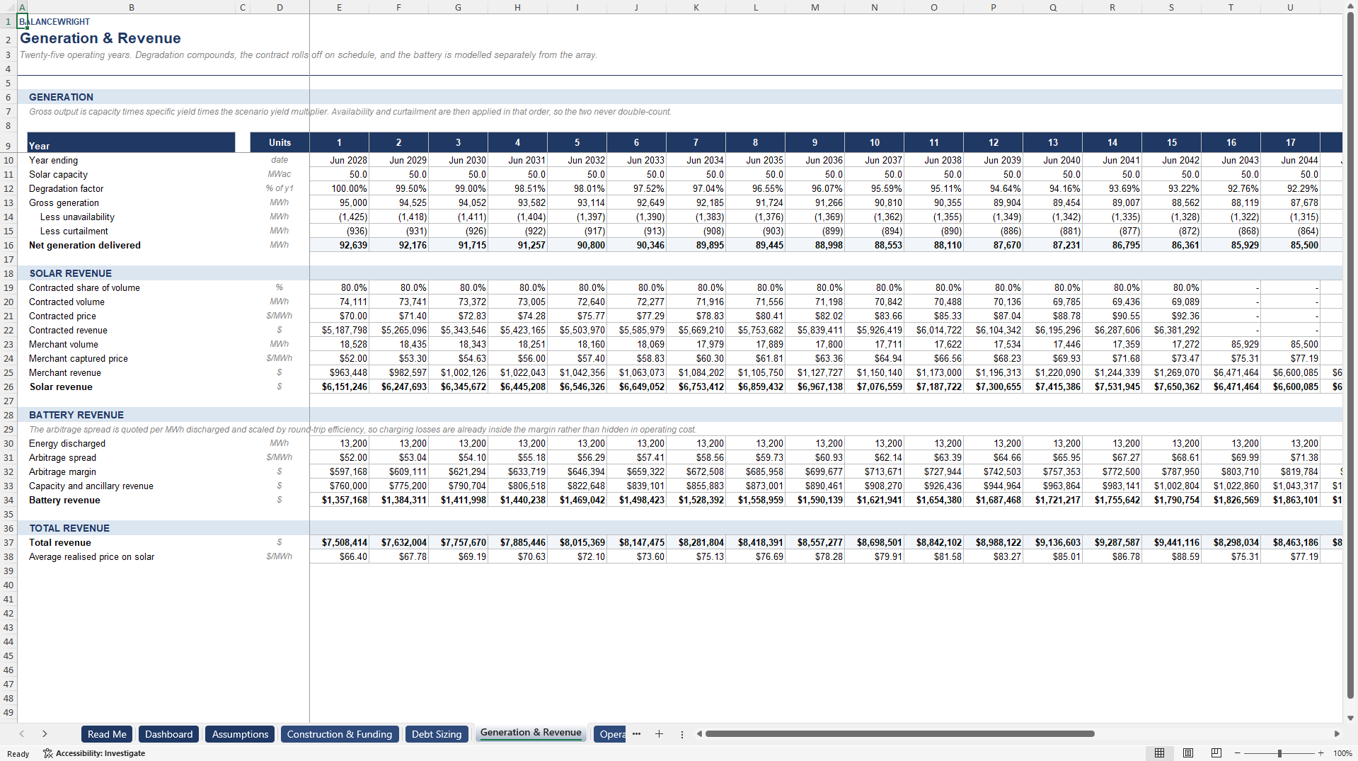 Solar PV & Battery (BESS) Project Finance Model with DSCR (Excel template (XLSX)) Preview Image