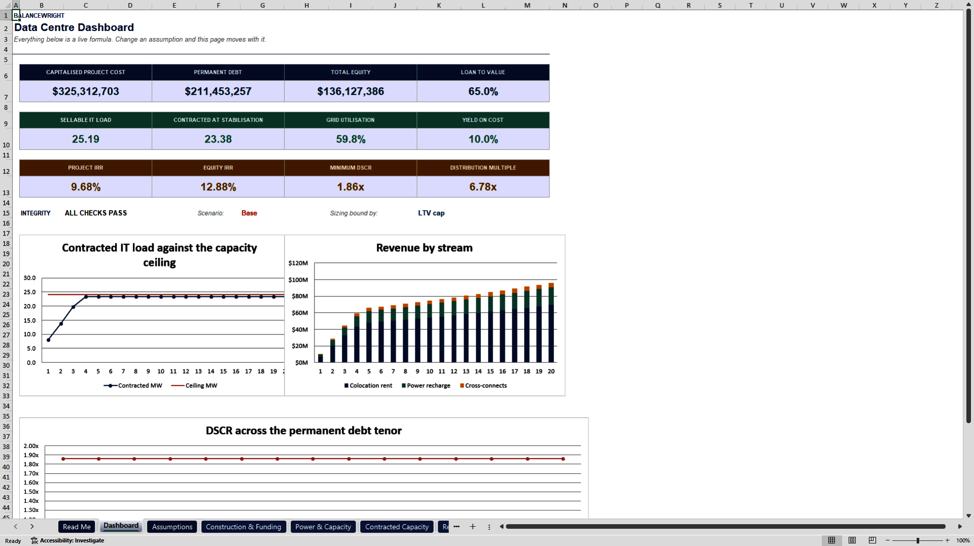Data Center Project Finance Model: PUE, Power & DSCR Debt (Excel template (XLSX)) Preview Image