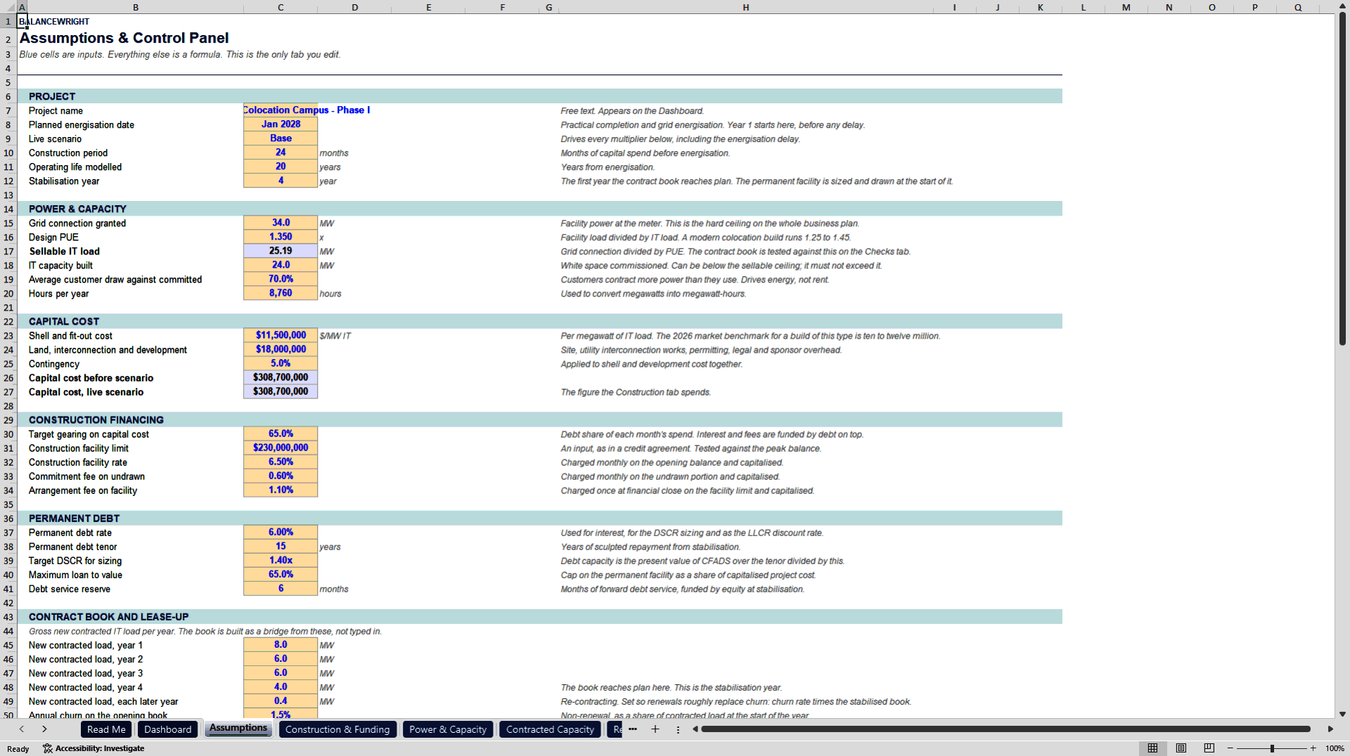 Data Center Project Finance Model: PUE, Power & DSCR Debt (Excel template (XLSX)) Preview Image