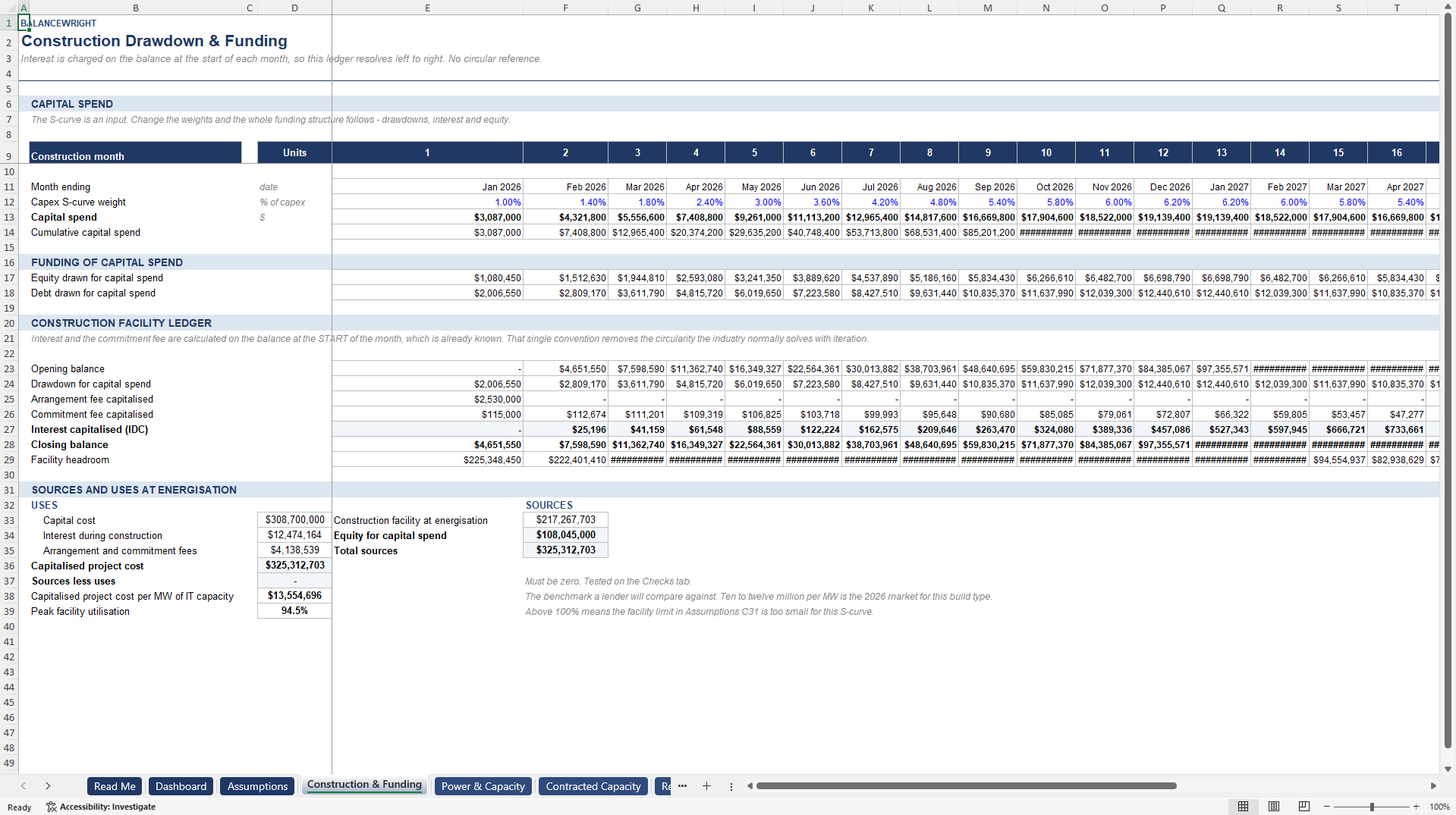 Data Center Project Finance Model: PUE, Power & DSCR Debt (Excel template (XLSX)) Preview Image