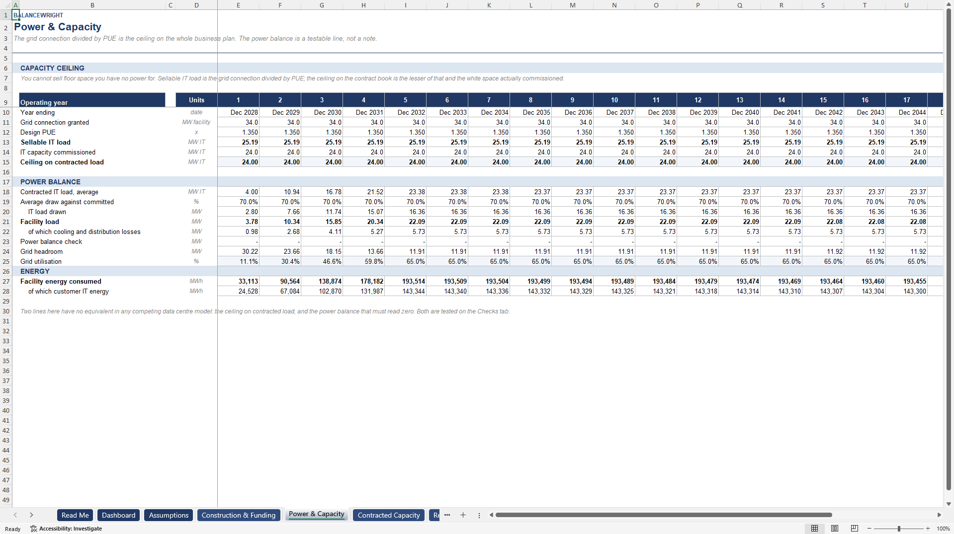 Data Center Project Finance Model: PUE, Power & DSCR Debt (Excel template (XLSX)) Preview Image