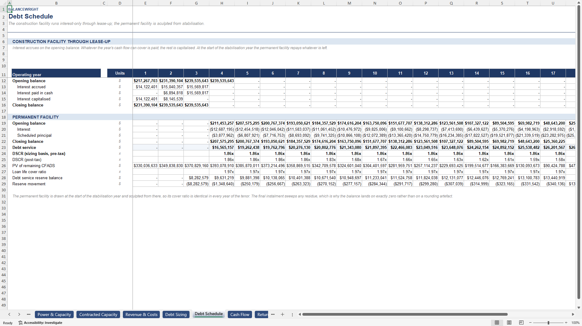 Data Center Project Finance Model: PUE, Power & DSCR Debt (Excel template (XLSX)) Preview Image