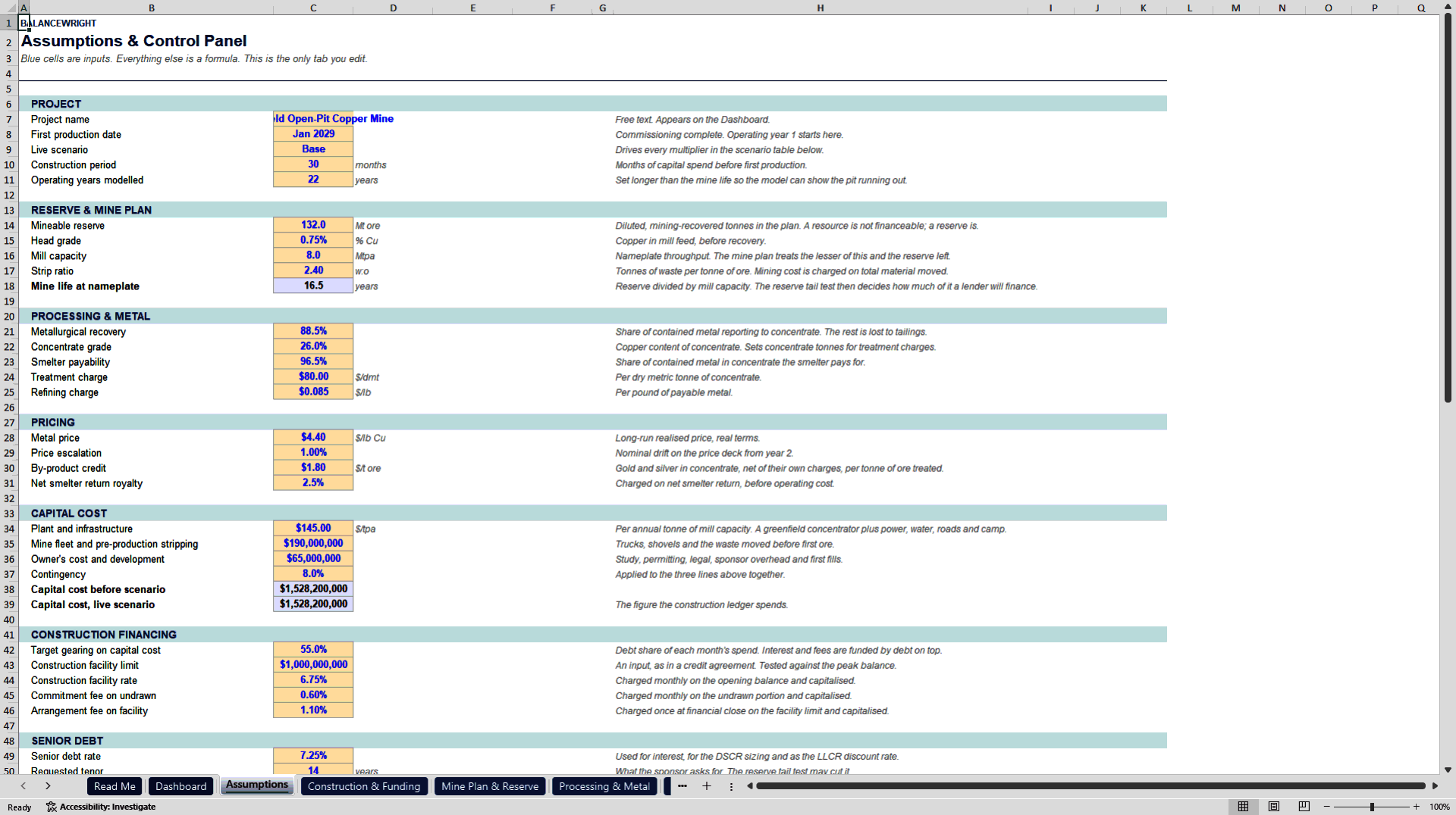 Mining Project Finance Model: Reserve Tail, DSCR & AISC (Excel template (XLSX)) Preview Image