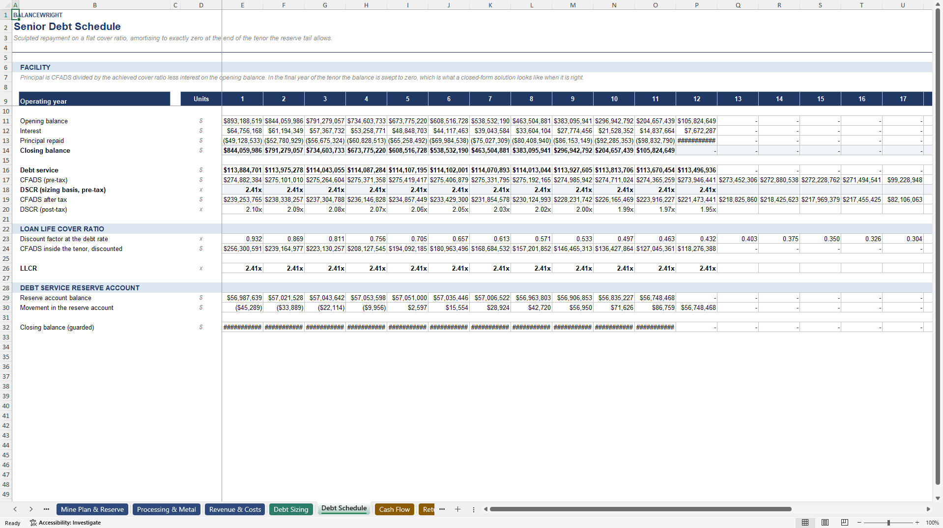 Mining Project Finance Model: Reserve Tail, DSCR & AISC (Excel template (XLSX)) Preview Image
