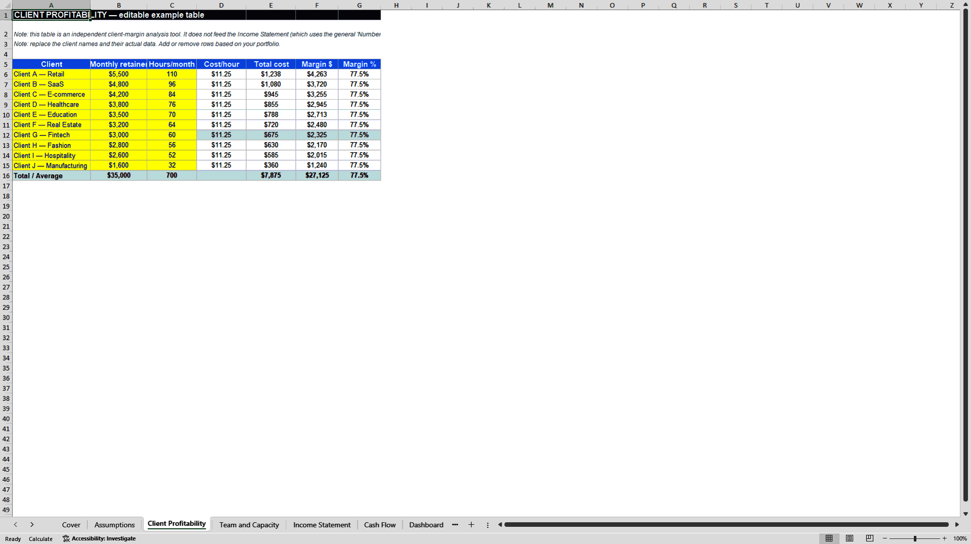 Agency Financial System: Client Profitability and Team Utili (Excel template (XLSX)) Preview Image