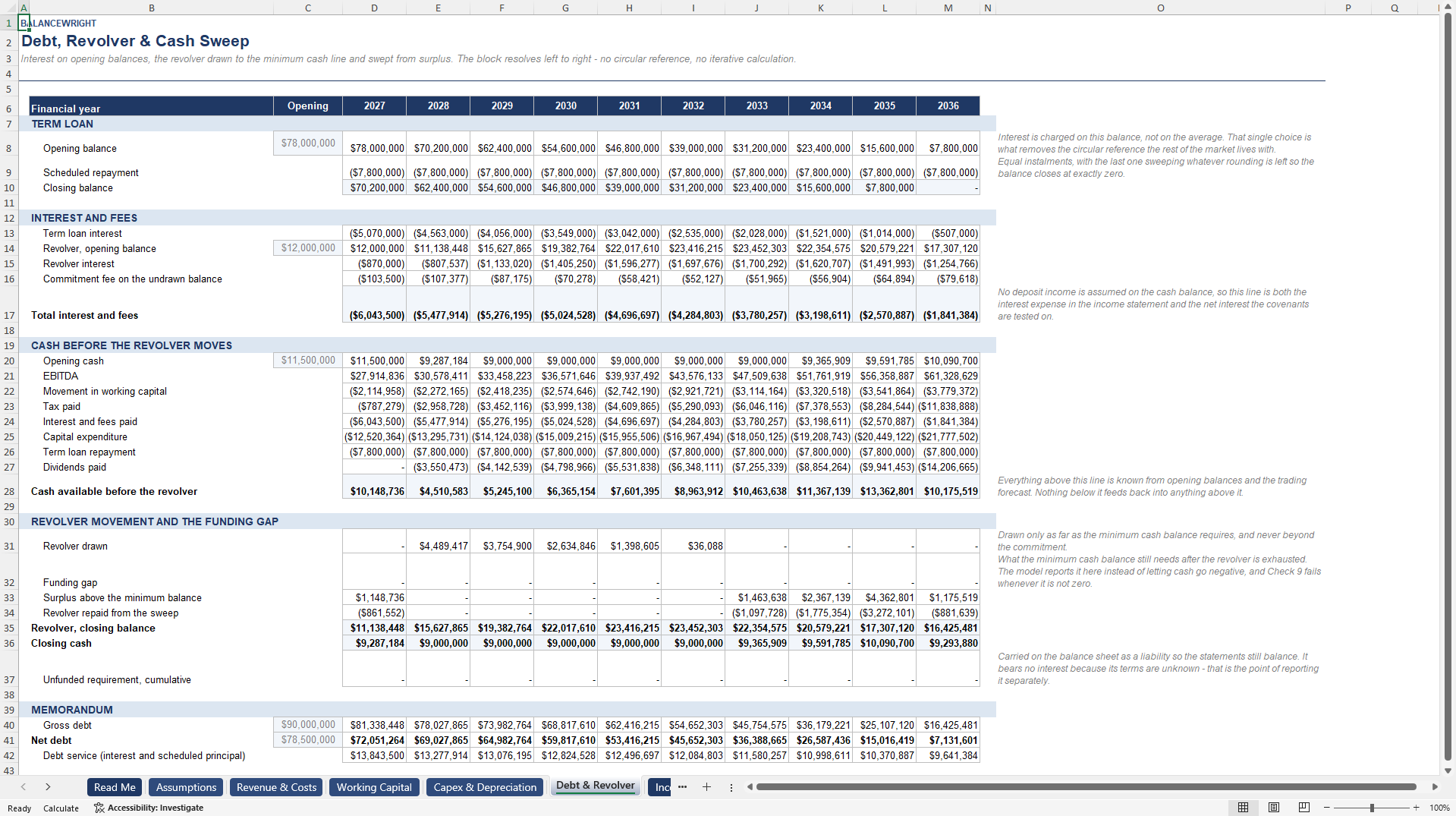 3-Statement Financial Model: Revolver, Covenants, Valuation (Excel template (XLSX)) Preview Image