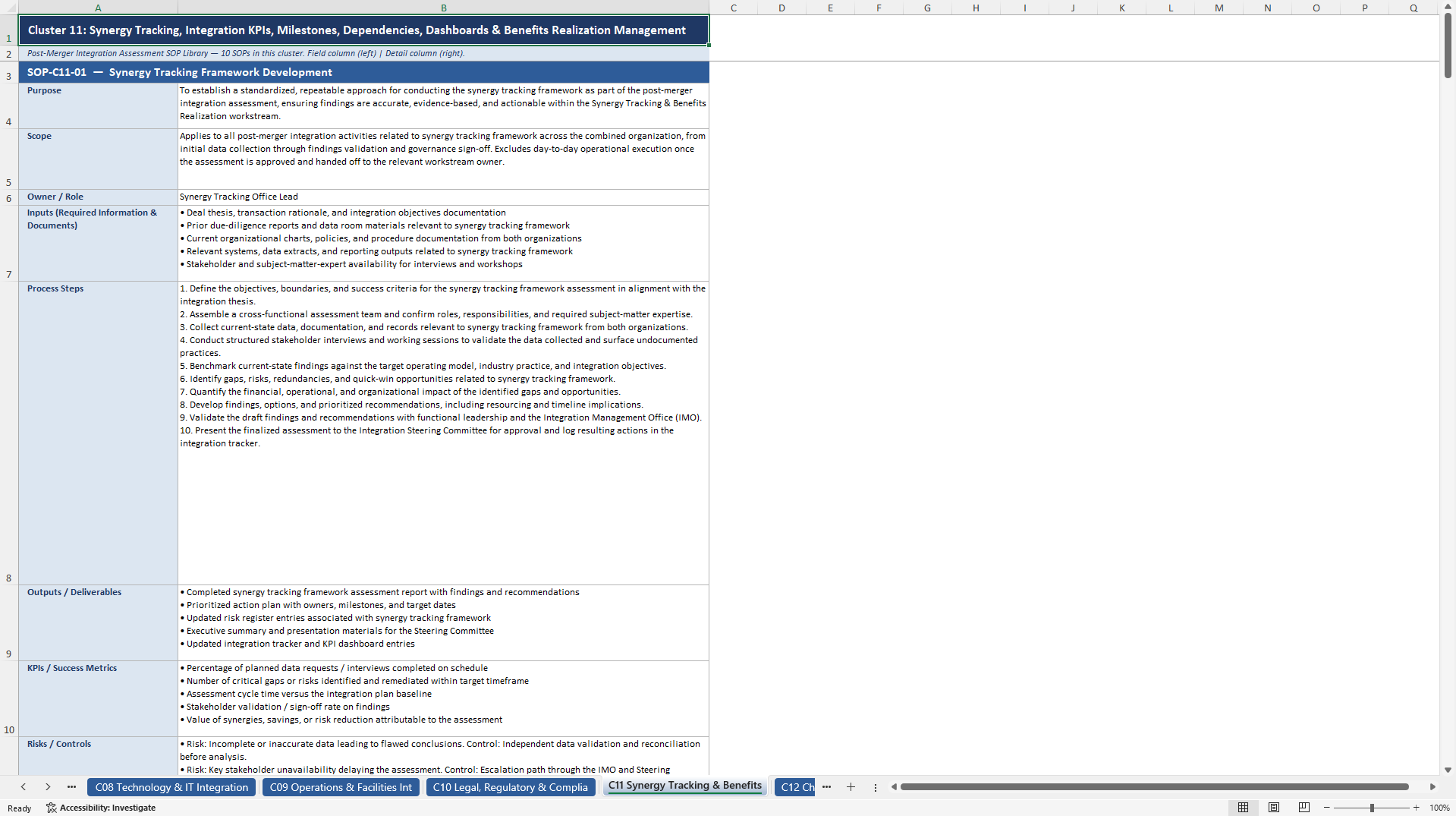 100+ Post-Merger Integration Assessment SOPs (Excel template (XLSX)) Preview Image