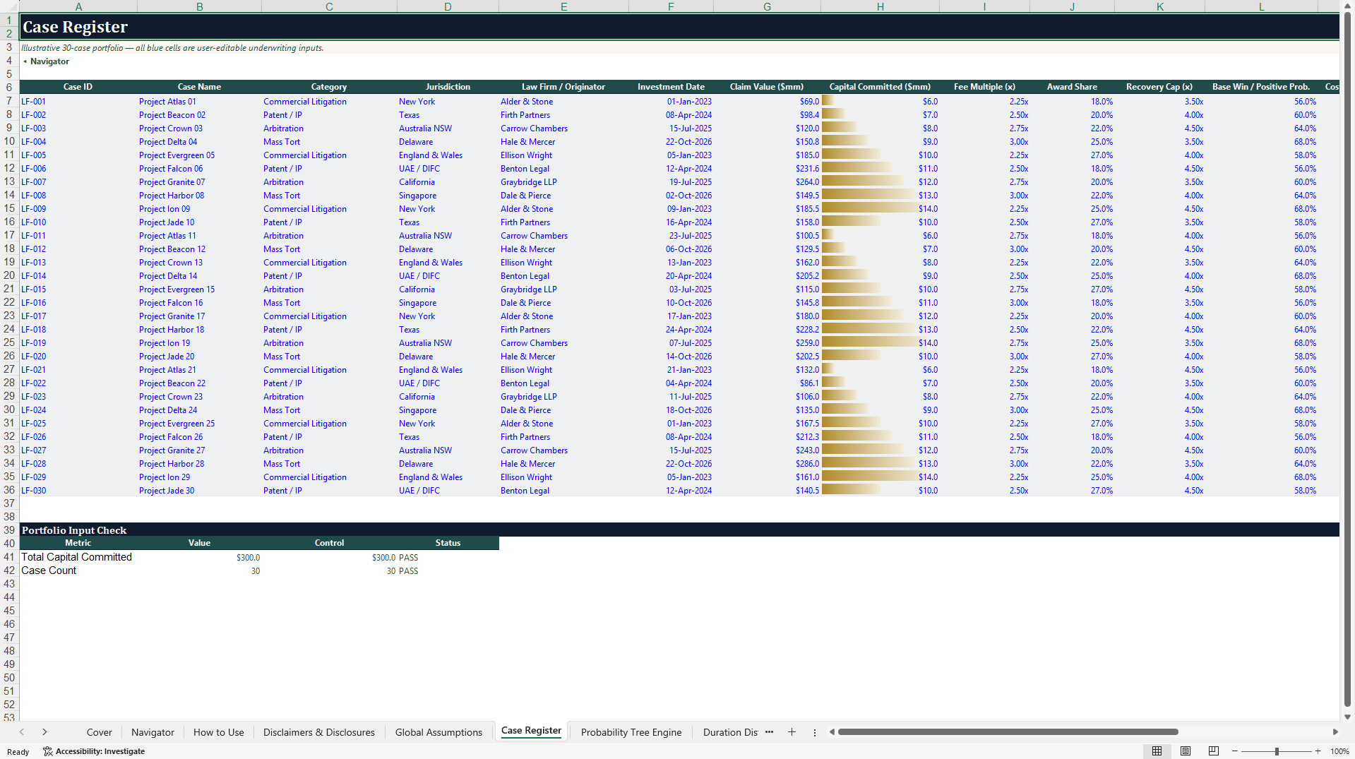 Litigation Finance Portfolio Model with Monte Carlo (Excel template (XLSX)) Preview Image