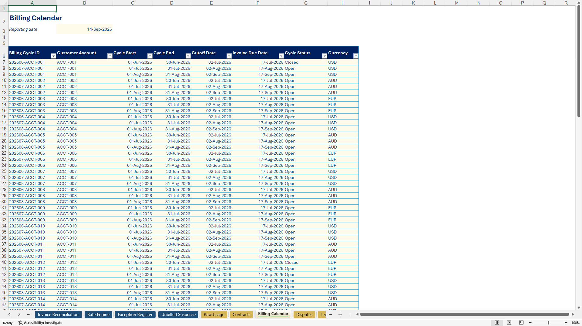 Telecom Usage-to-Invoice Billing Control Tower (Excel template (XLSX)) Preview Image