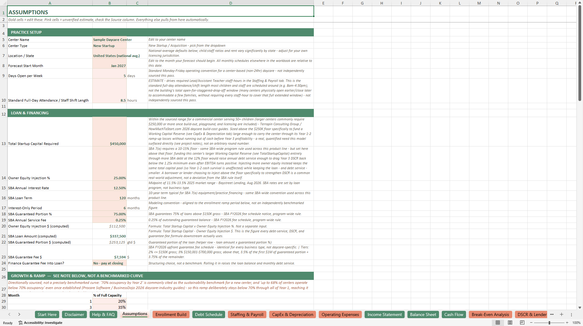Daycare Financial Model (Excel template (XLSX)) Preview Image