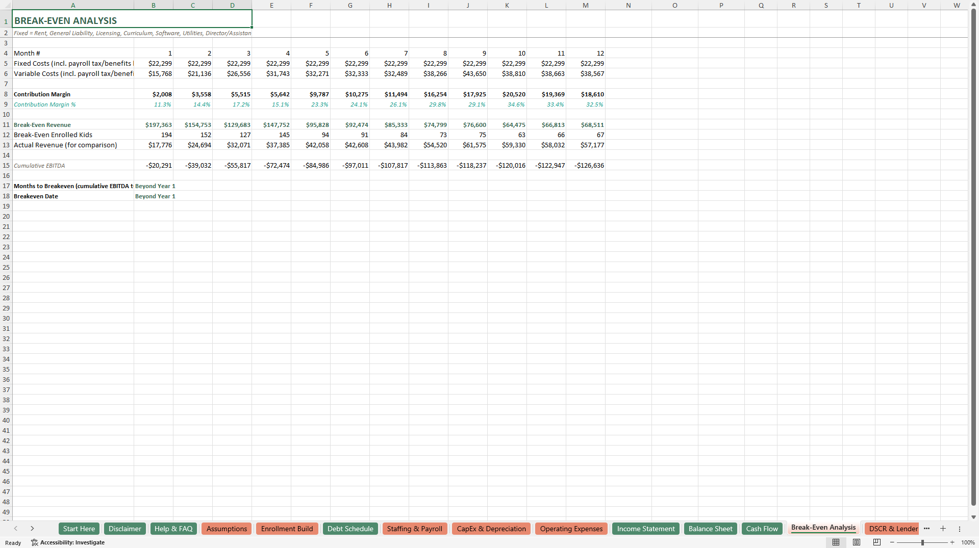 Daycare Financial Model (Excel template (XLSX)) Preview Image