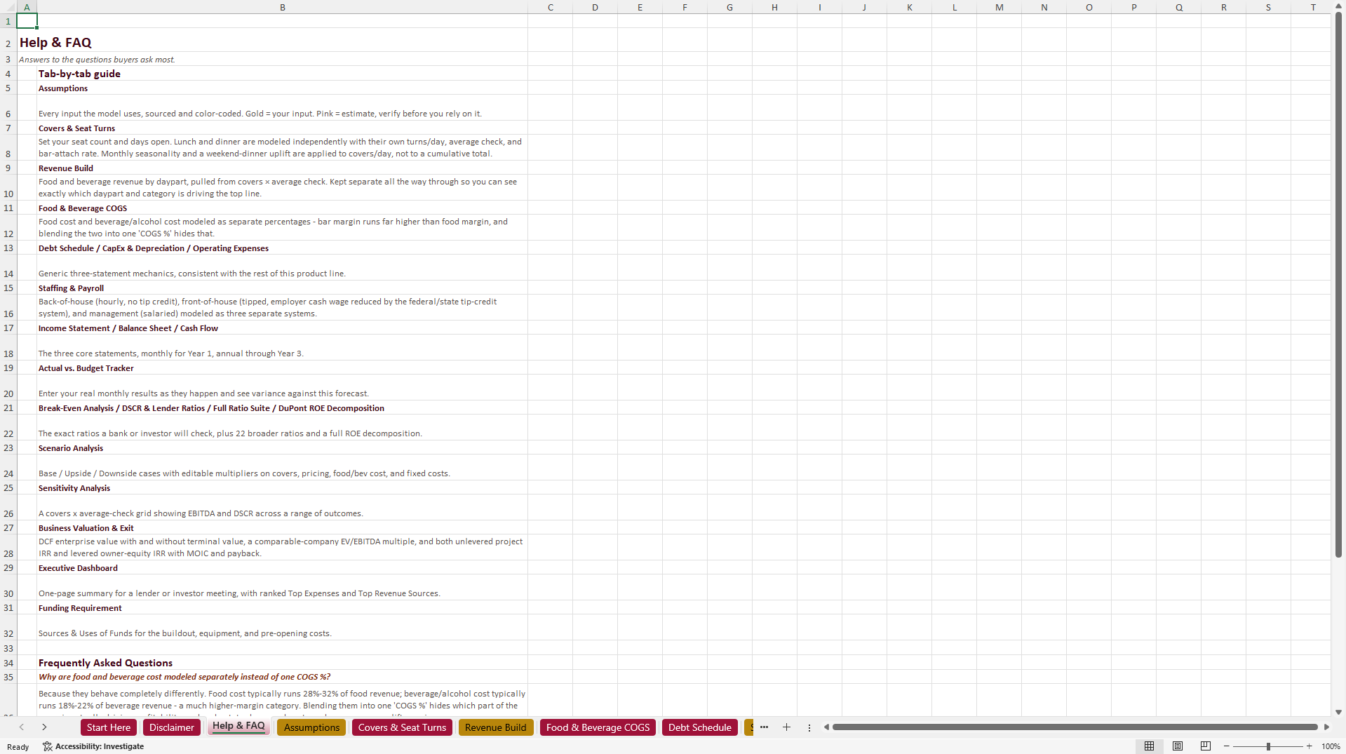 Restaurant & Bar Financial Model (Excel template (XLSX)) Preview Image