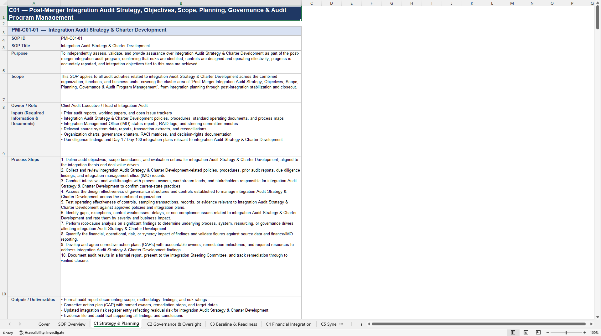 100+ Post-Merger Integration (PMI) Audit SOPs (Excel template (XLSX)) Preview Image