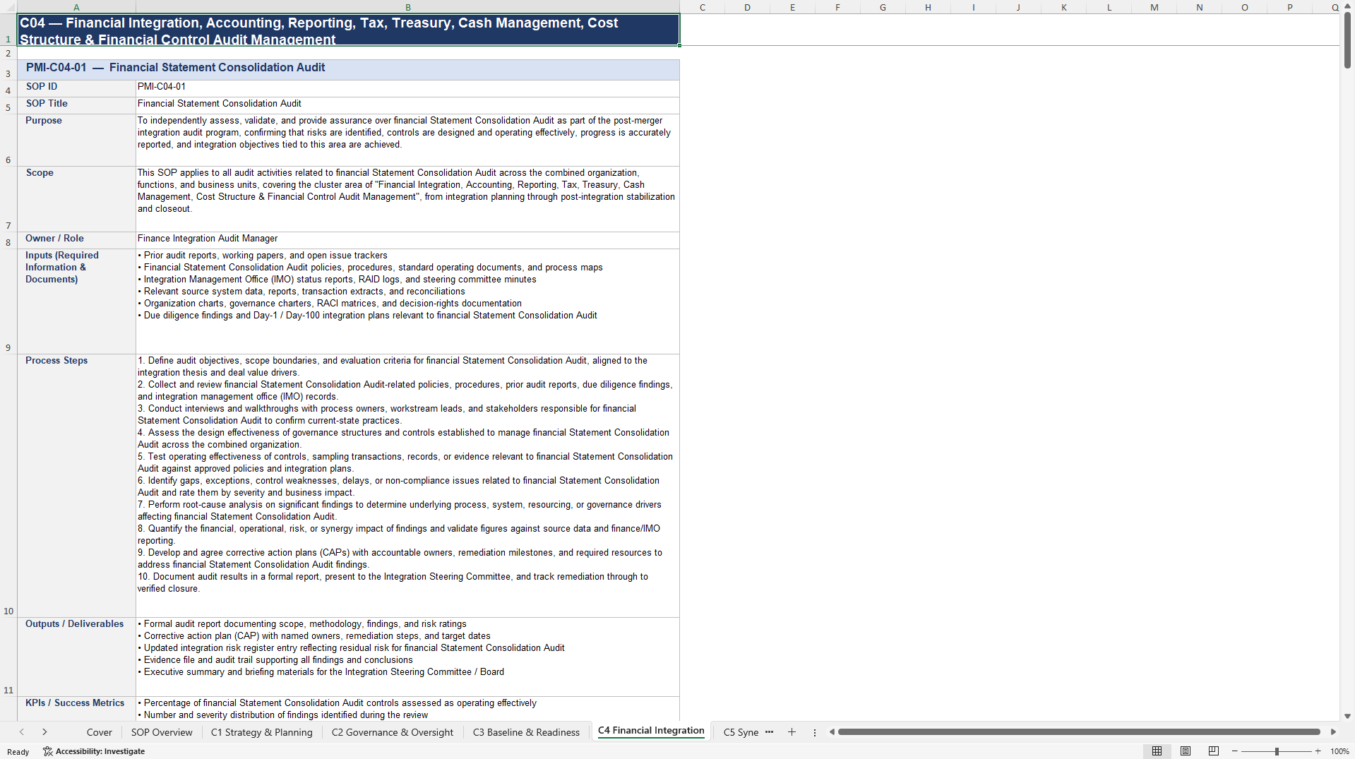 100+ Post-Merger Integration (PMI) Audit SOPs (Excel template (XLSX)) Preview Image