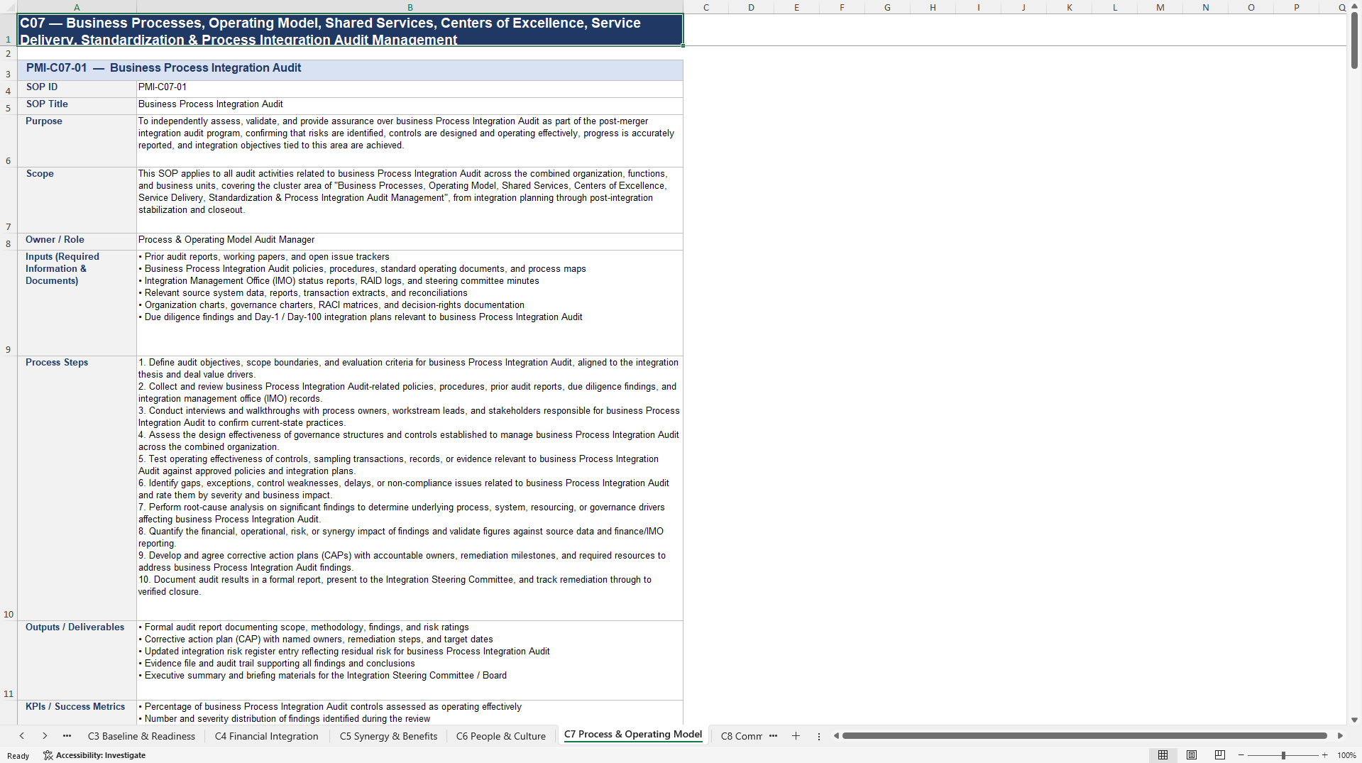 100+ Post-Merger Integration (PMI) Audit SOPs (Excel template (XLSX)) Preview Image