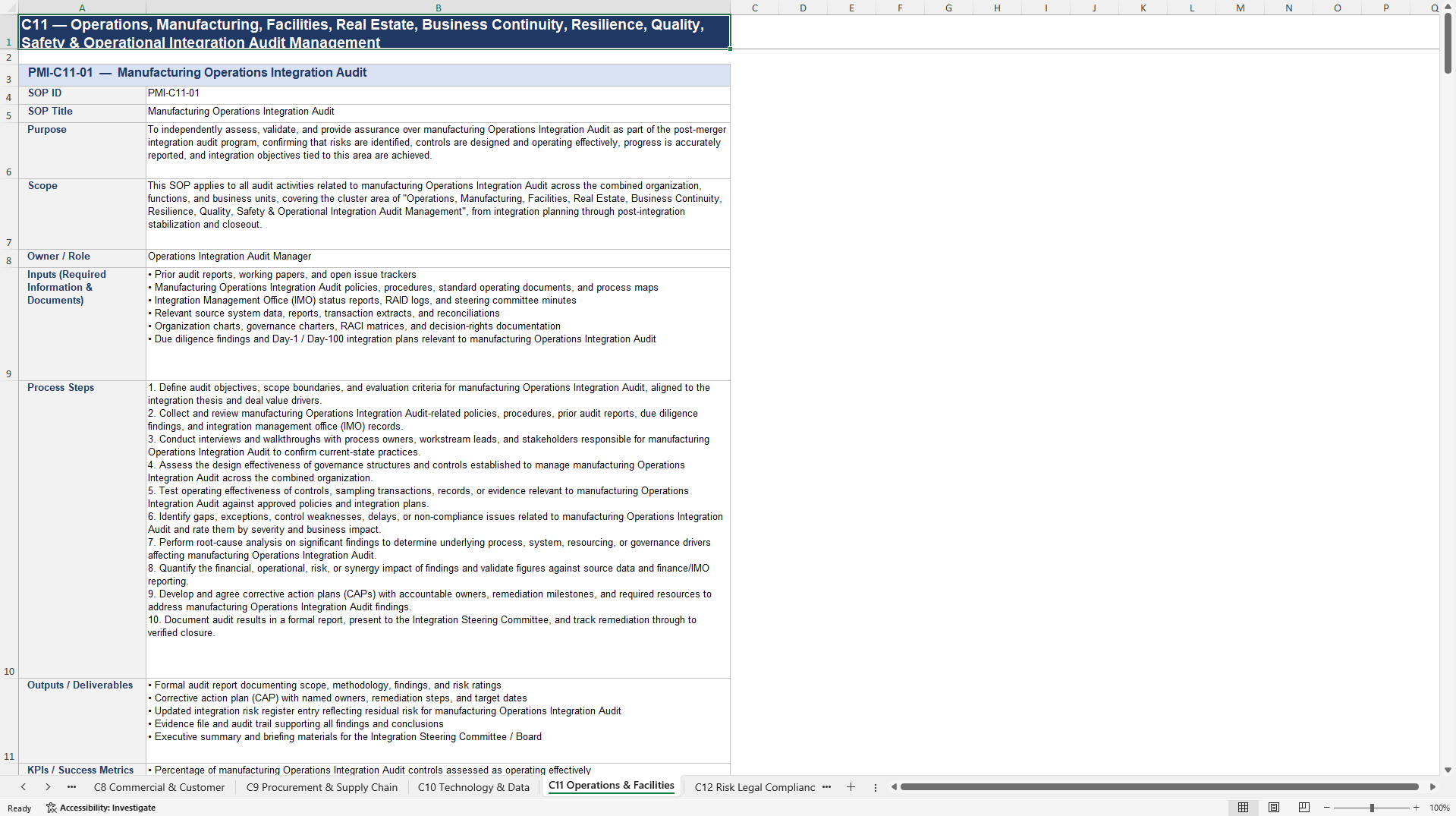 100+ Post-Merger Integration (PMI) Audit SOPs (Excel template (XLSX)) Preview Image