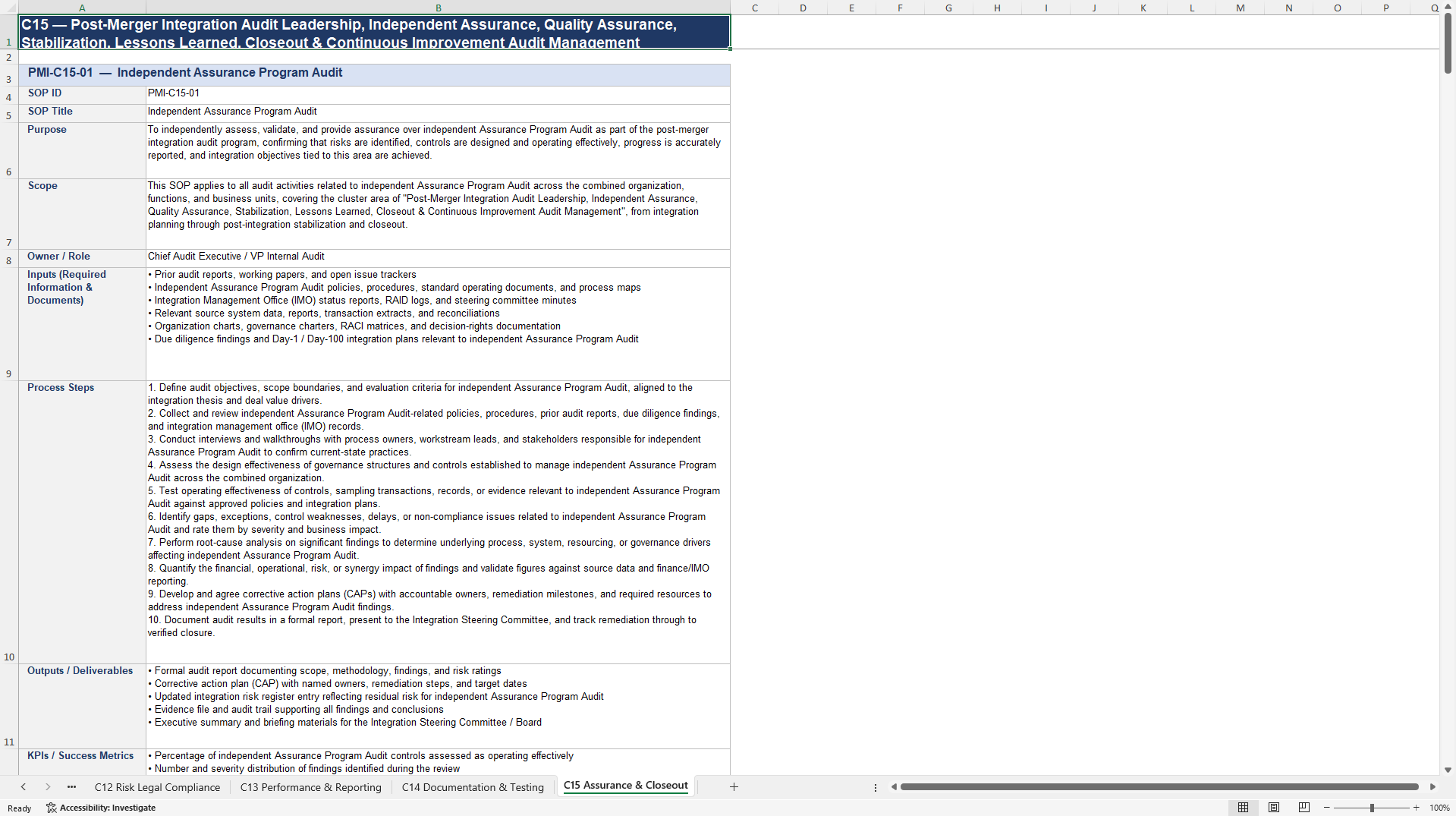 100+ Post-Merger Integration (PMI) Audit SOPs (Excel template (XLSX)) Preview Image