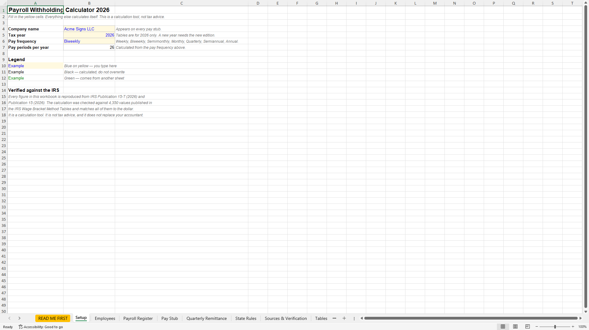 2026 Payroll Withholding Model: Federal and Illinois (Excel template (XLSX)) Preview Image