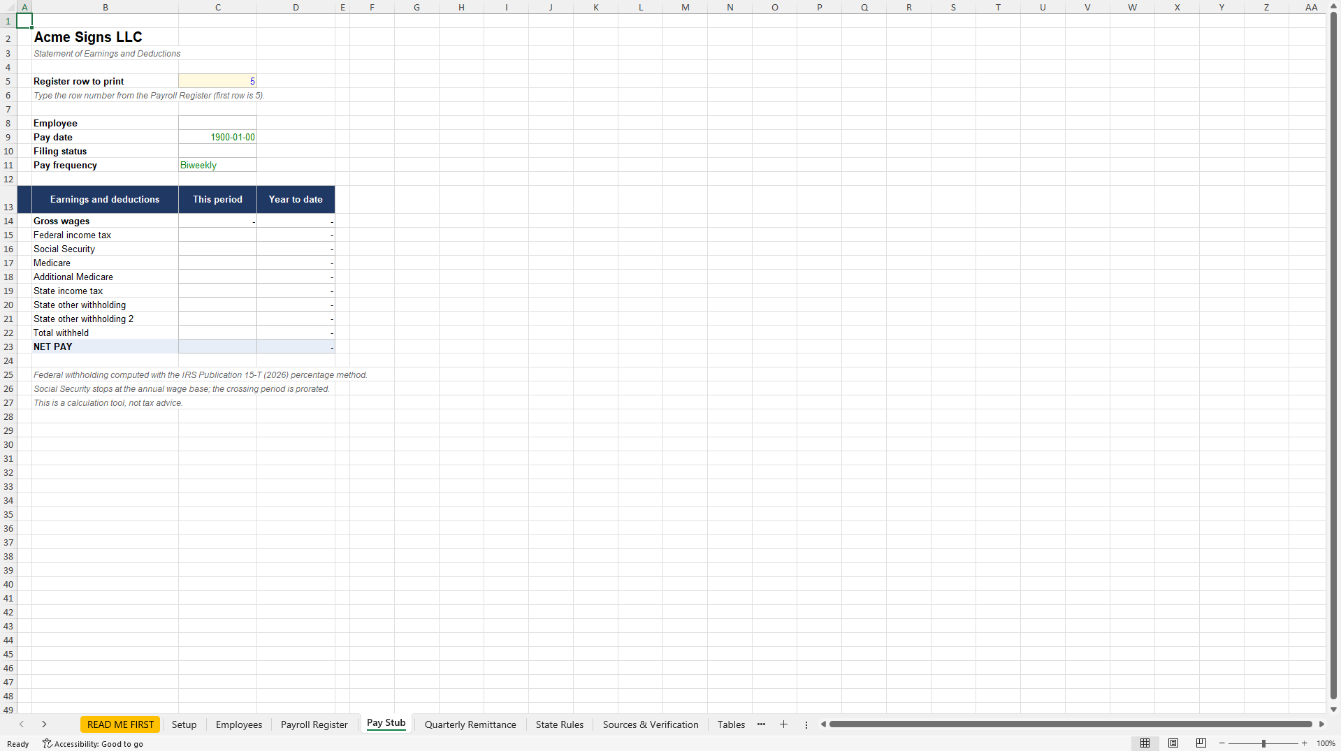 2026 Payroll Withholding Model: Federal and Illinois (Excel template (XLSX)) Preview Image