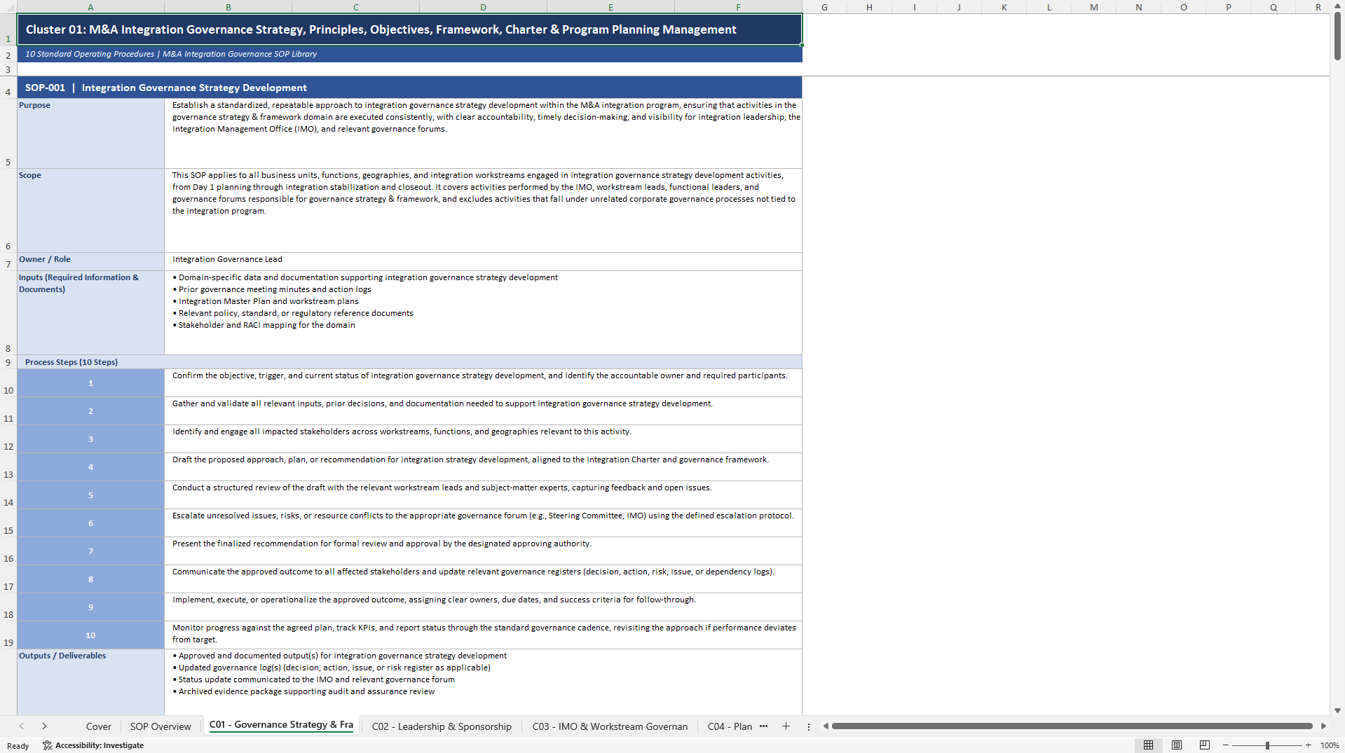100+ M&A Integration Governance SOPs (Excel template (XLSX)) Preview Image