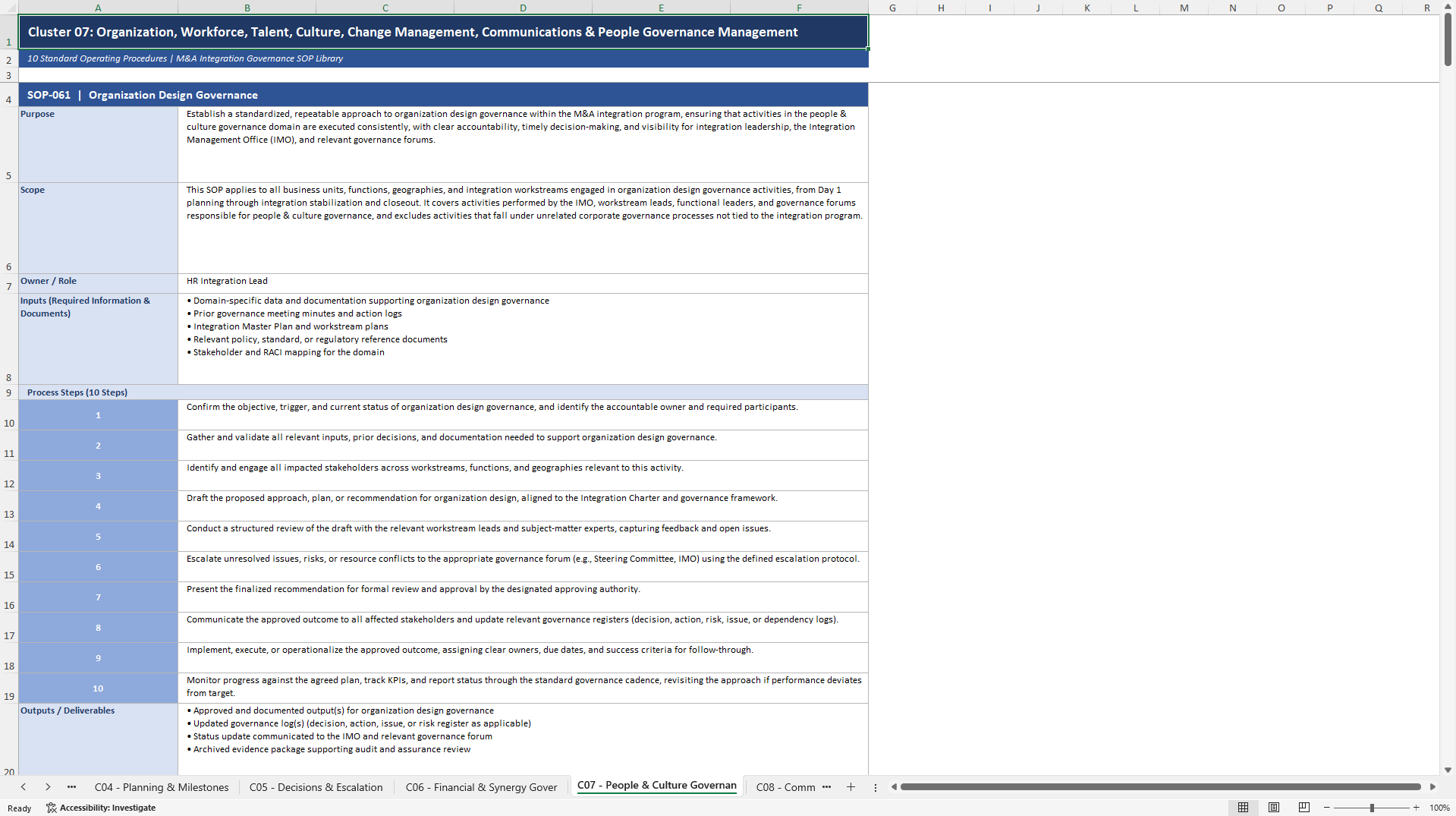 100+ M&A Integration Governance SOPs (Excel template (XLSX)) Preview Image