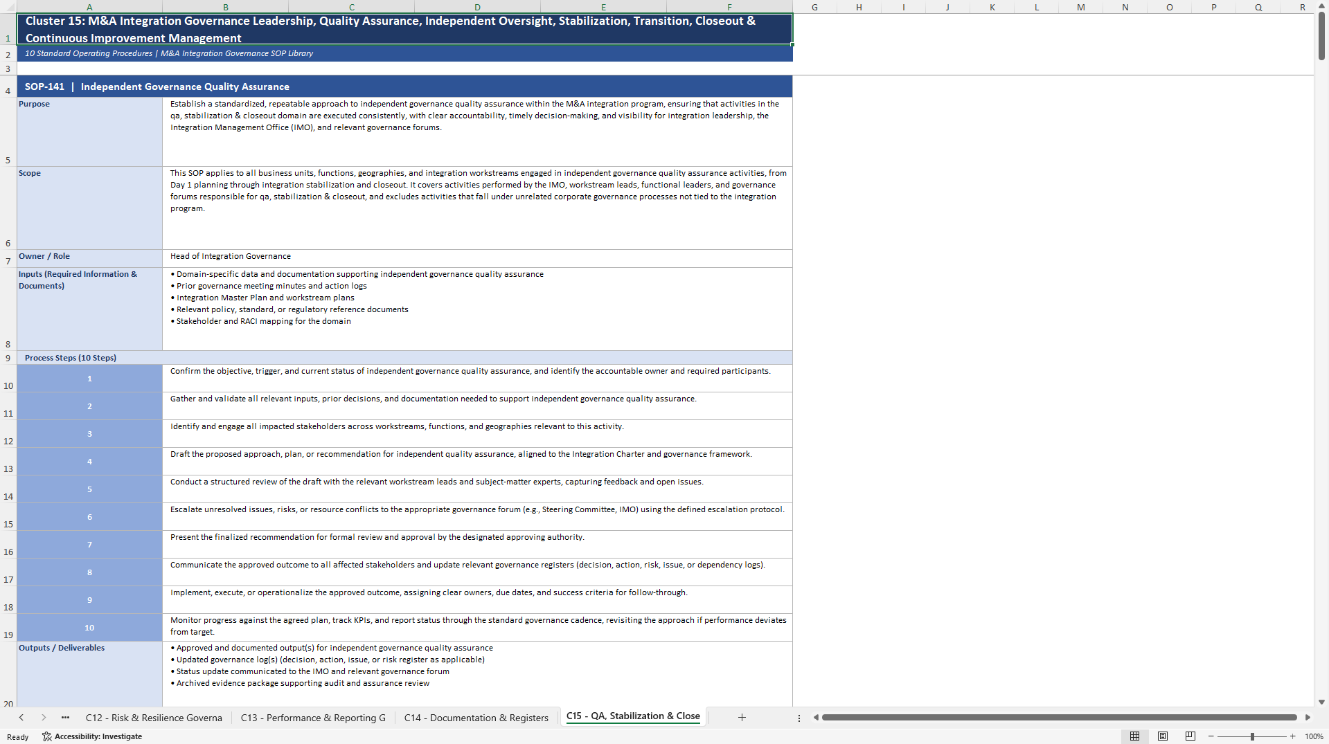 100+ M&A Integration Governance SOPs (Excel template (XLSX)) Preview Image
