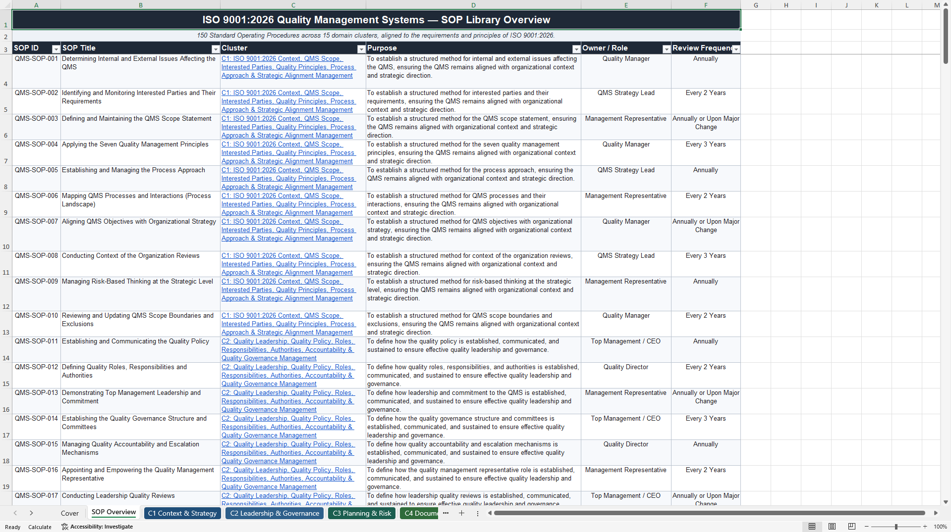 100+ ISO9001:2026 Quality Management Systems SOPs (Excel template (XLSX)) Preview Image