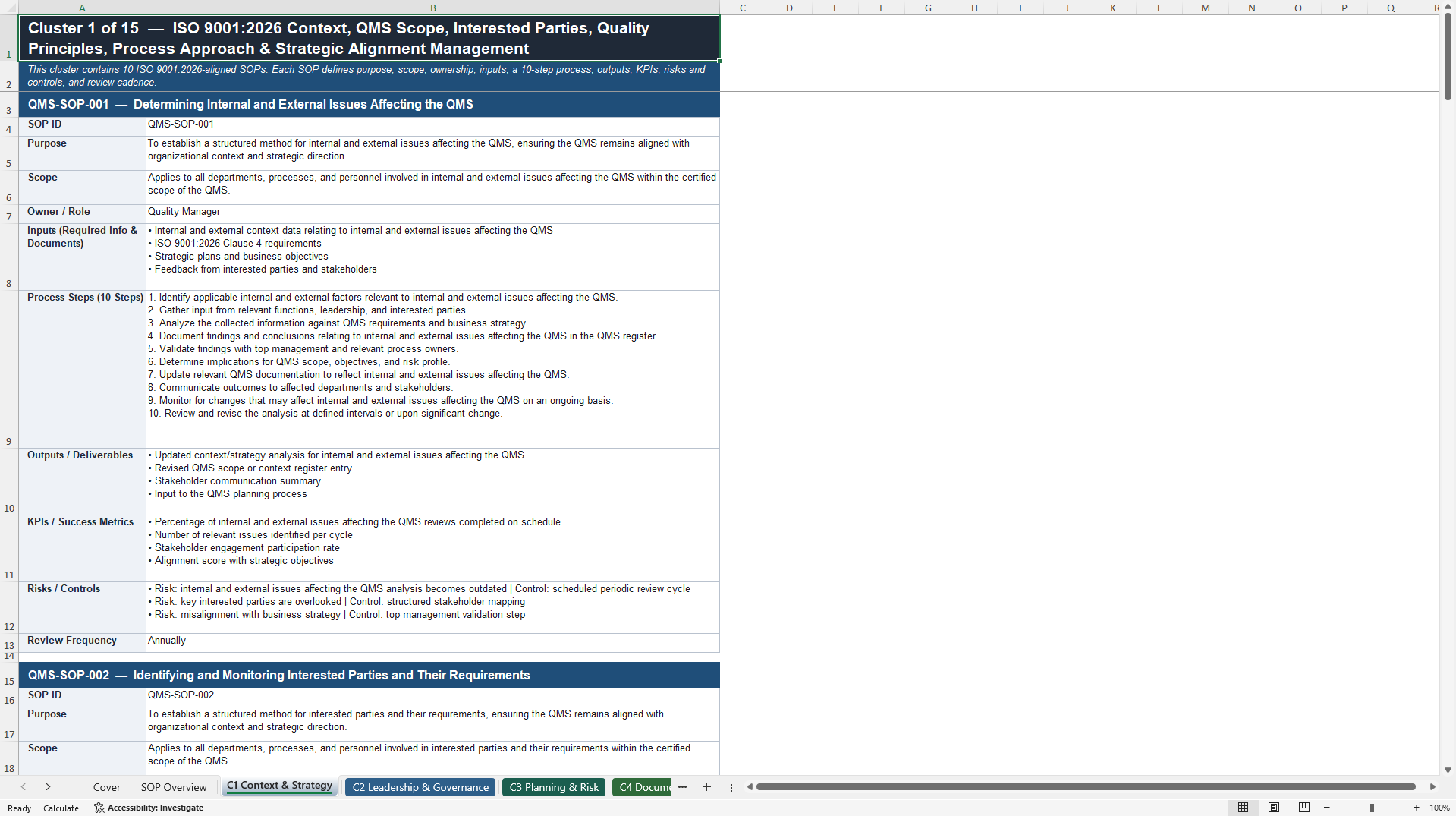 100+ ISO9001:2026 Quality Management Systems SOPs (Excel template (XLSX)) Preview Image