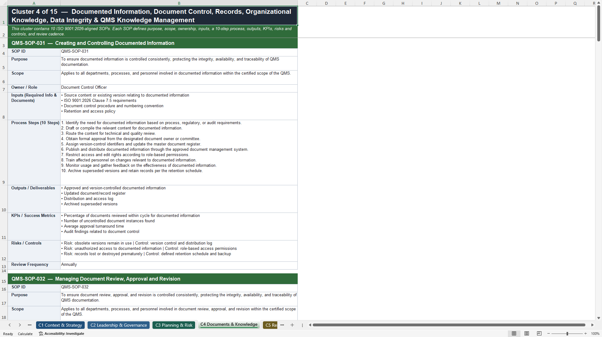 100+ ISO9001:2026 Quality Management Systems SOPs (Excel template (XLSX)) Preview Image