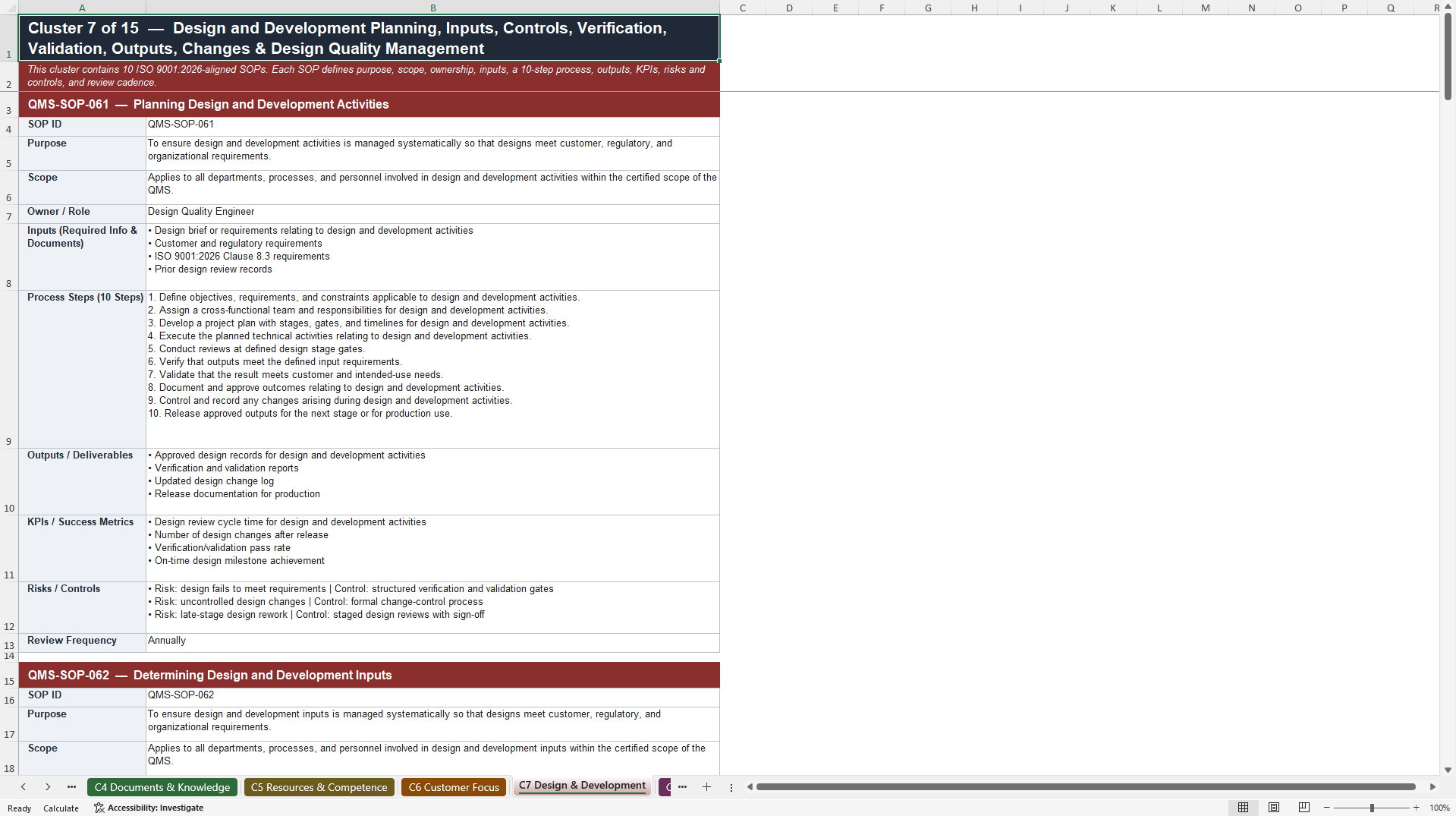 100+ ISO9001:2026 Quality Management Systems SOPs (Excel template (XLSX)) Preview Image