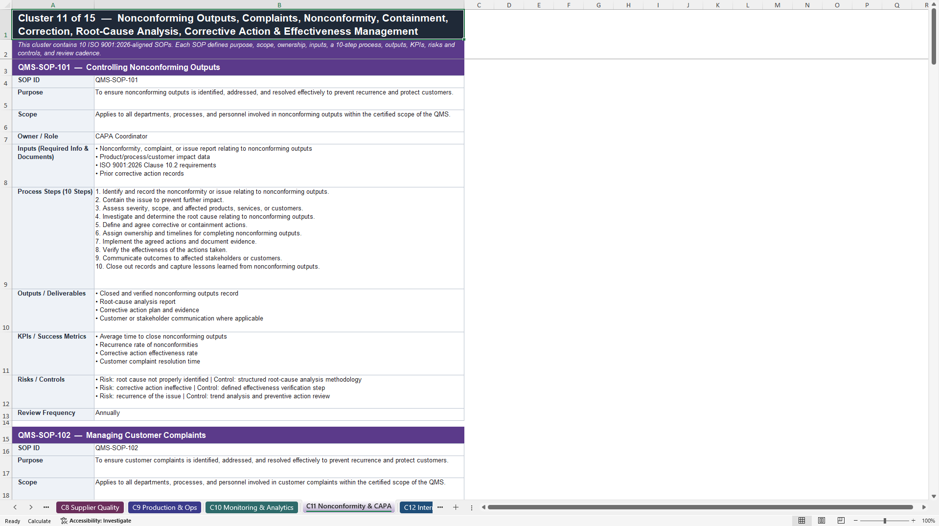 100+ ISO9001:2026 Quality Management Systems SOPs (Excel template (XLSX)) Preview Image