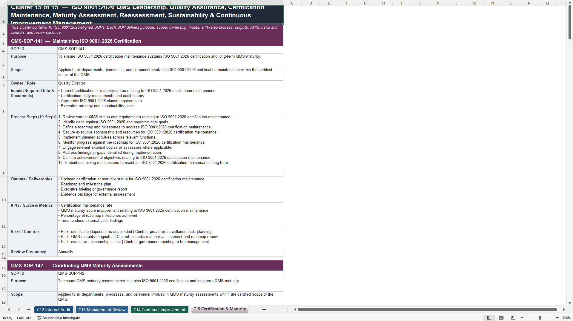 100+ ISO9001:2026 Quality Management Systems SOPs (Excel template (XLSX)) Preview Image