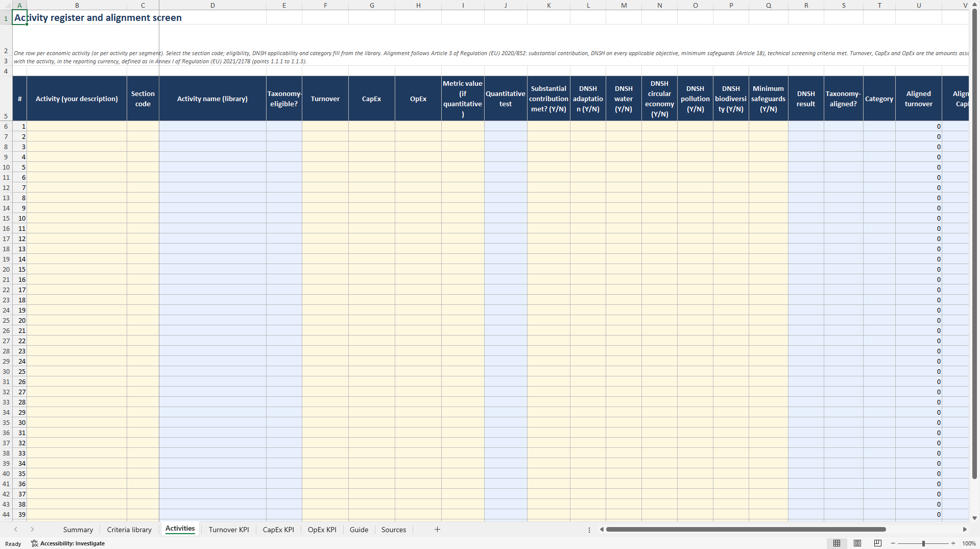 EU Taxonomy Alignment Screen & Article 8 KPI Workbook (Excel template (XLSX)) Preview Image