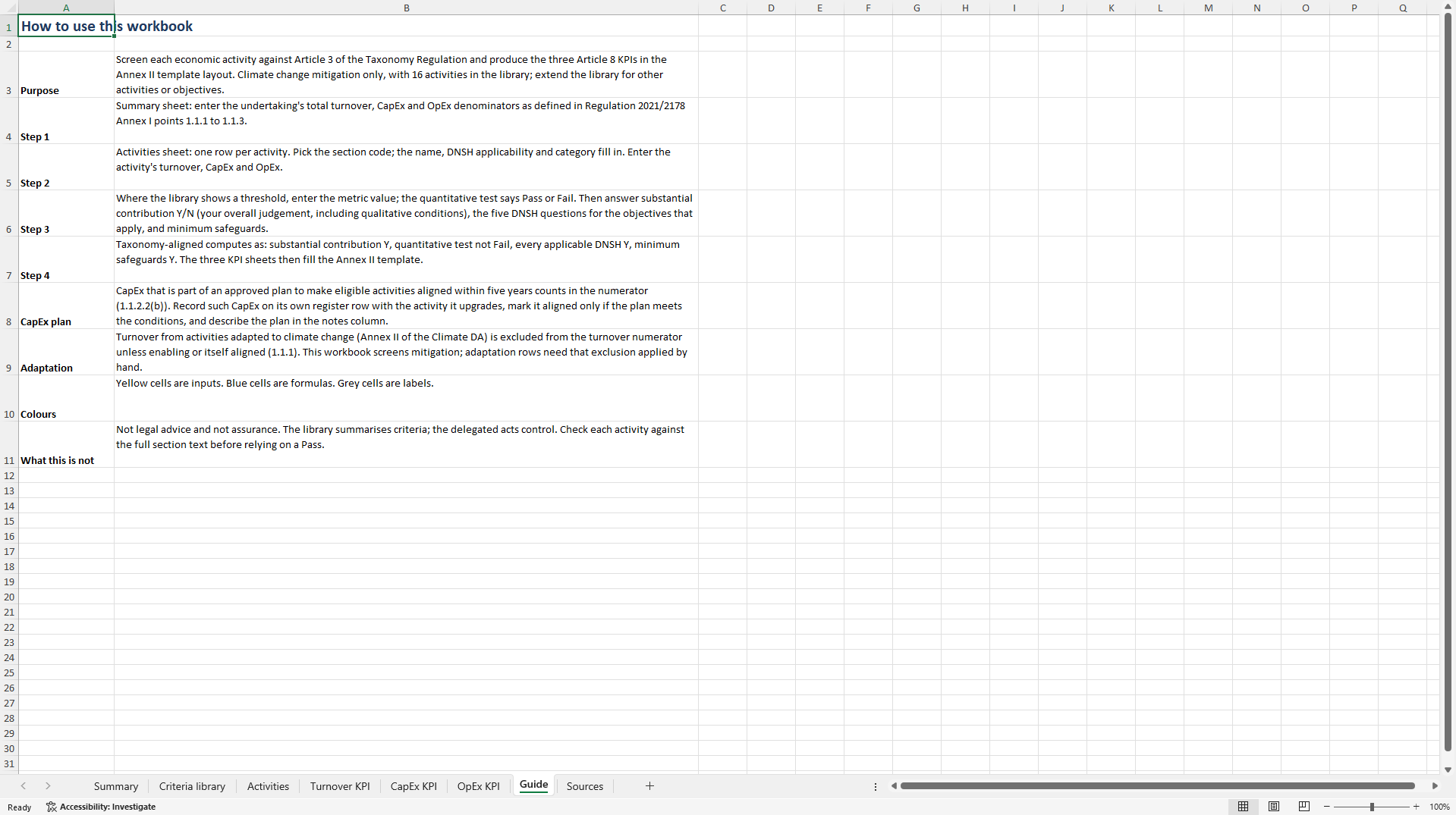 EU Taxonomy Alignment Screen & Article 8 KPI Workbook (Excel template (XLSX)) Preview Image