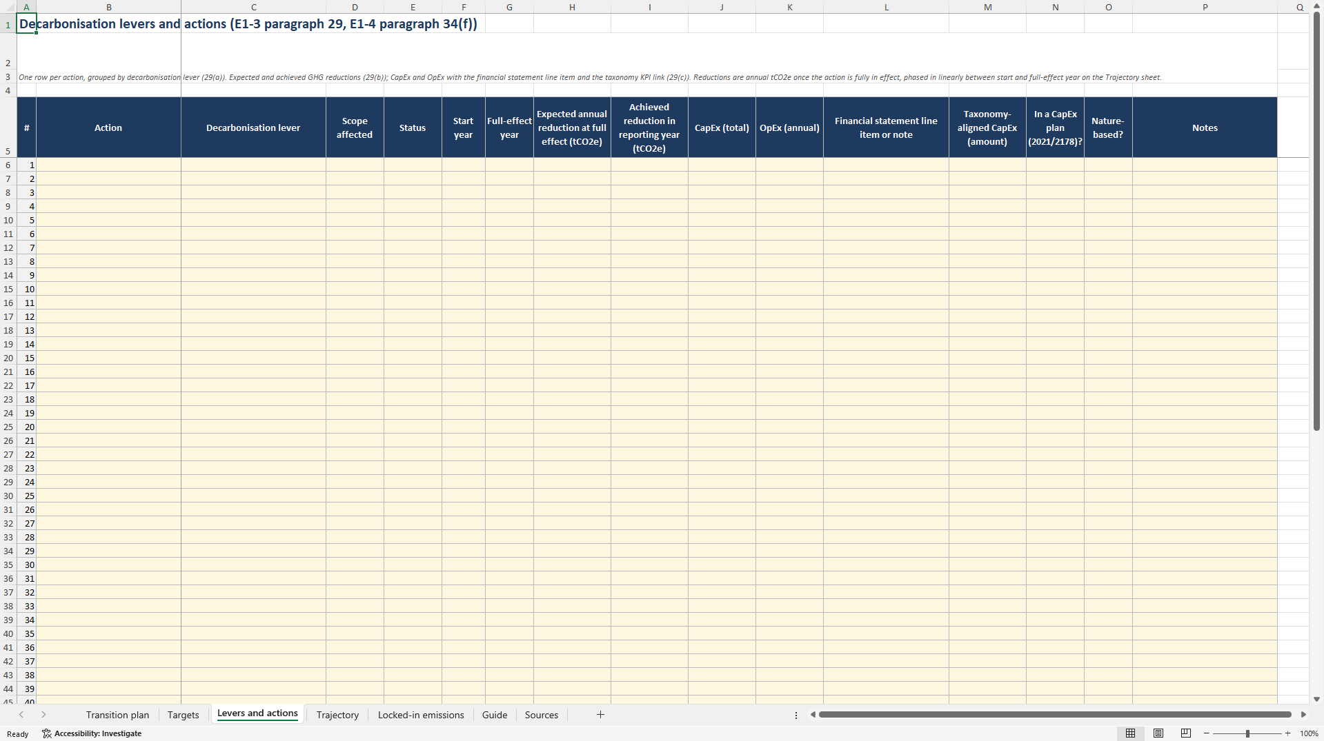 ESRS E1 Transition Plan: Targets, Levers, Trajectories (Excel template (XLSX)) Preview Image