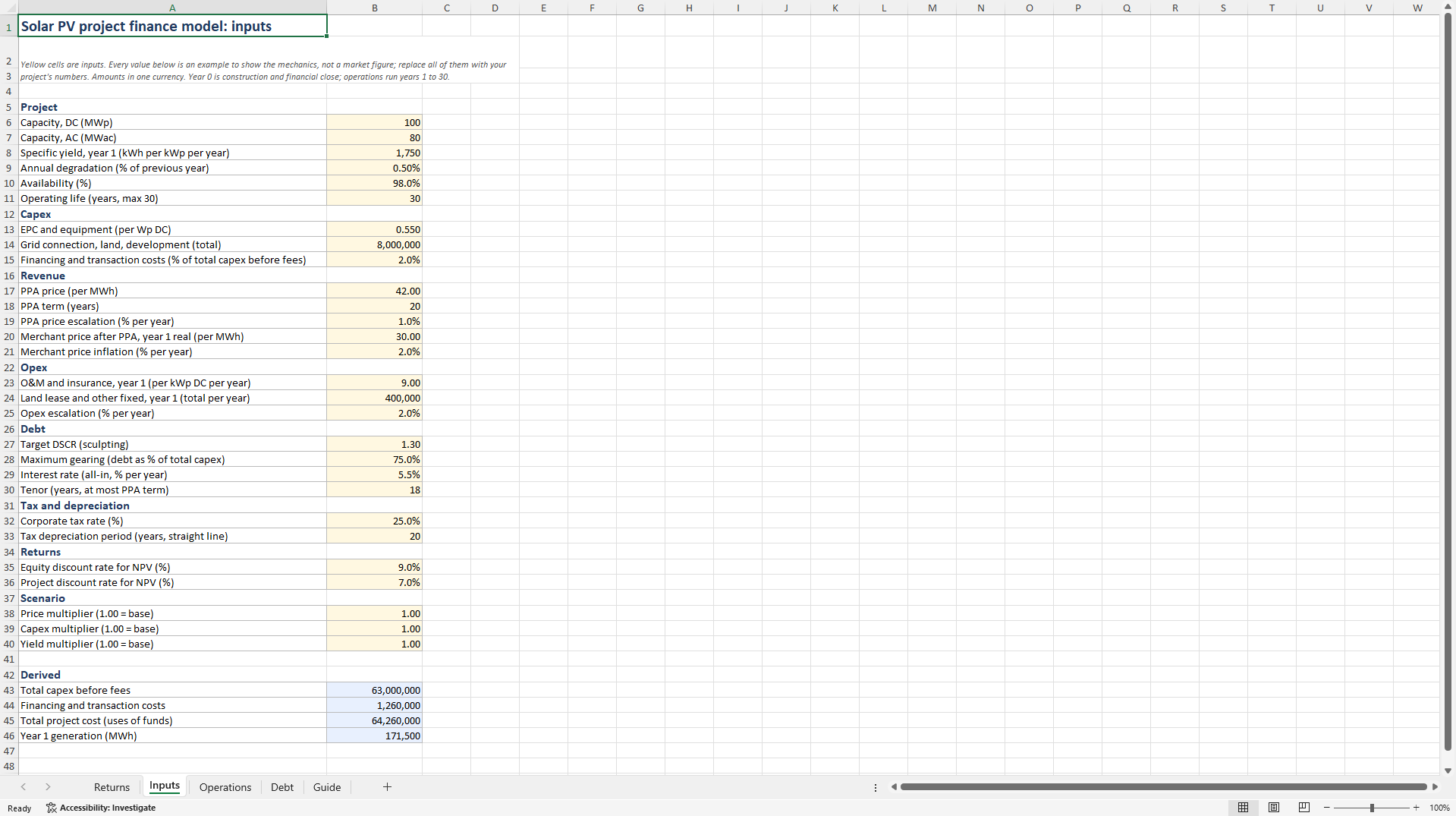 Solar PV Project Finance (DSCR-sculpted, PPA, & Merchant) (Excel template (XLSX)) Preview Image