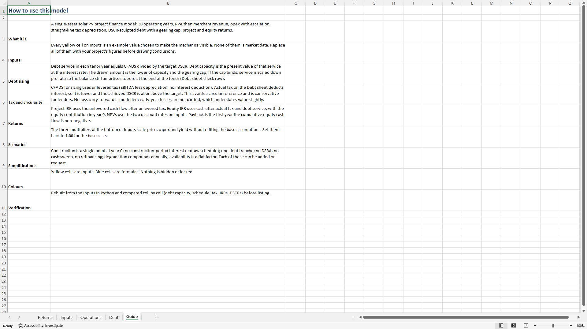 Solar PV Project Finance (DSCR-sculpted, PPA, & Merchant) (Excel template (XLSX)) Preview Image