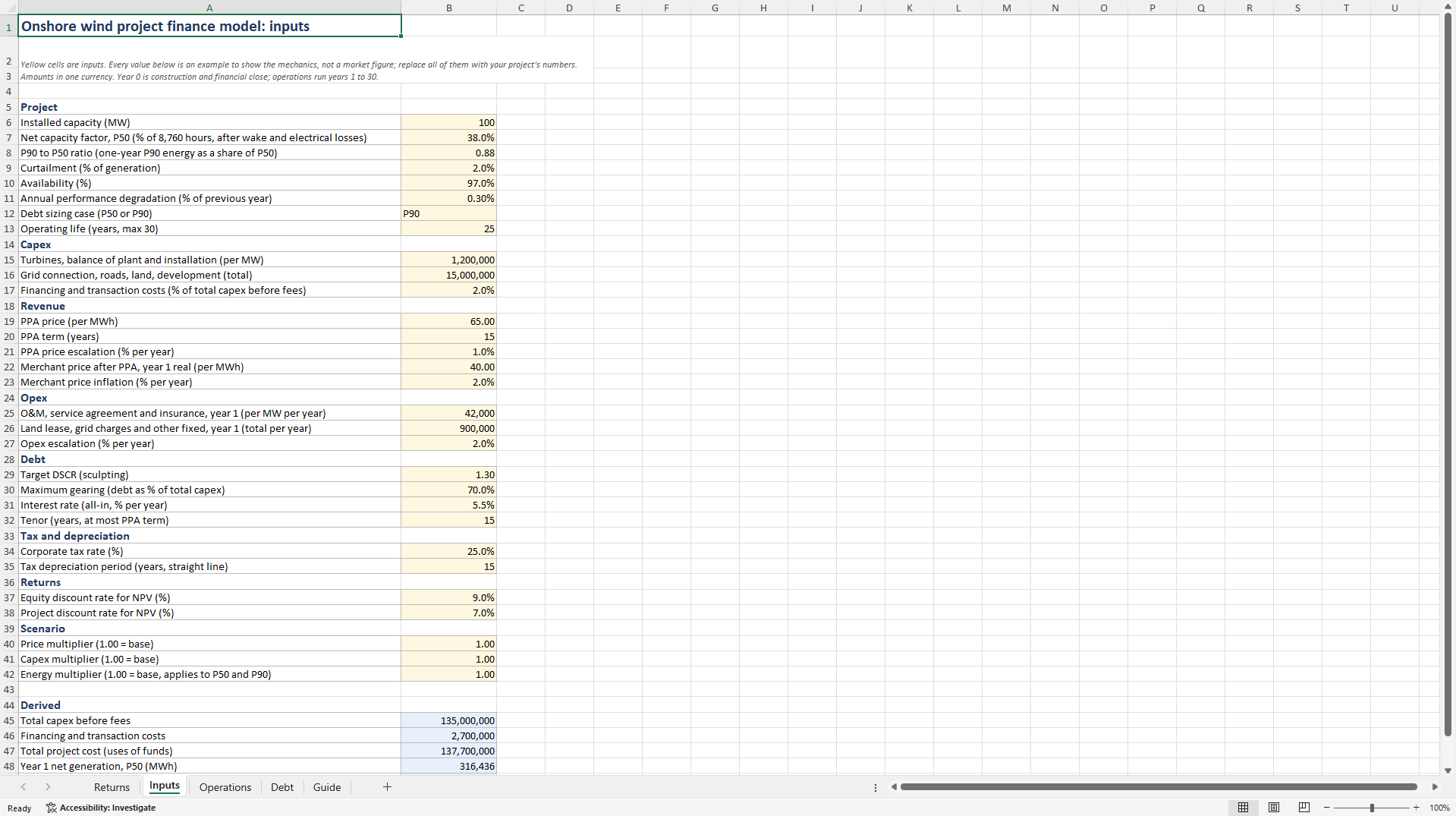 Onshore Wind Project Finance (P50/P90, DSCR-Sculpted) (Excel template (XLSX)) Preview Image
