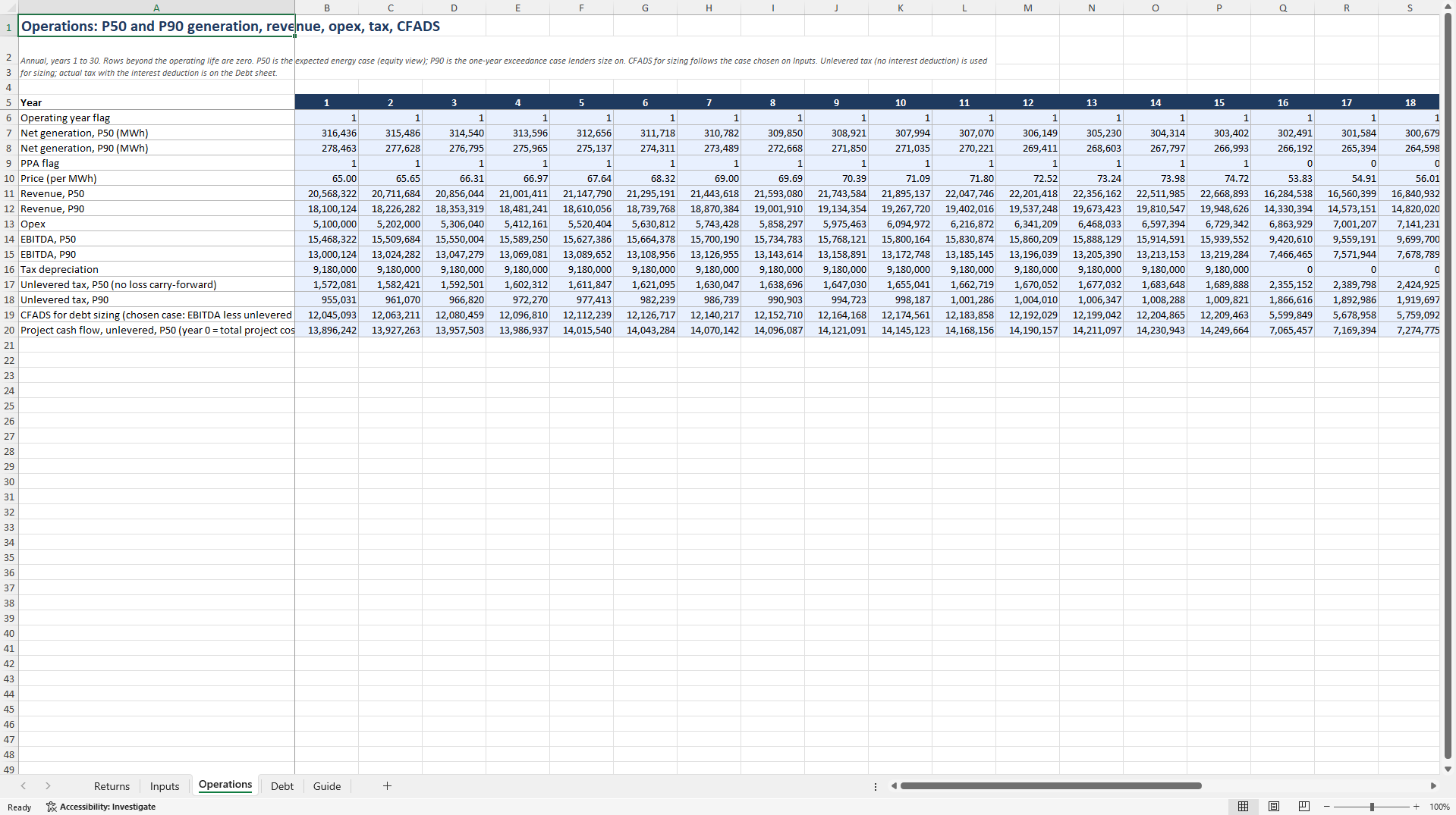 Onshore Wind Project Finance (P50/P90, DSCR-Sculpted) (Excel template (XLSX)) Preview Image