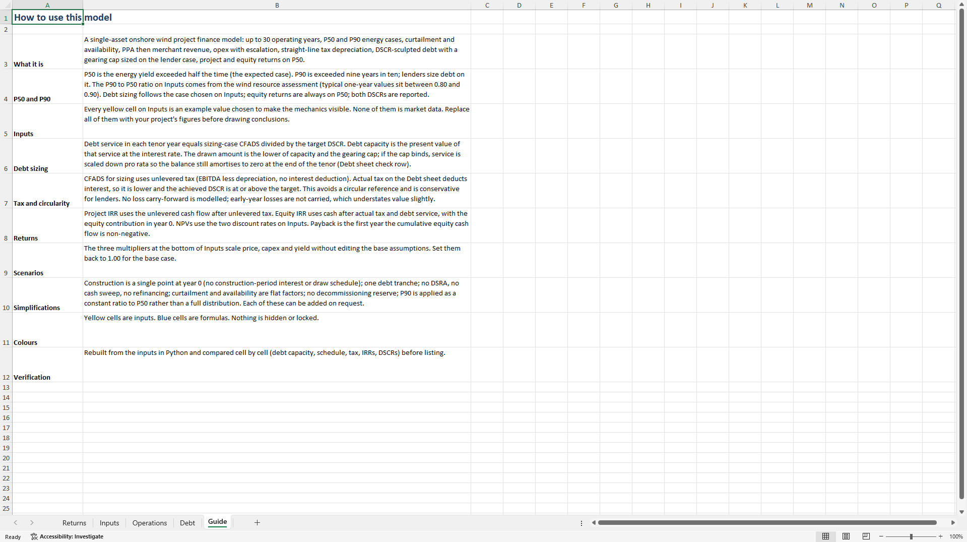 Onshore Wind Project Finance (P50/P90, DSCR-Sculpted) (Excel template (XLSX)) Preview Image