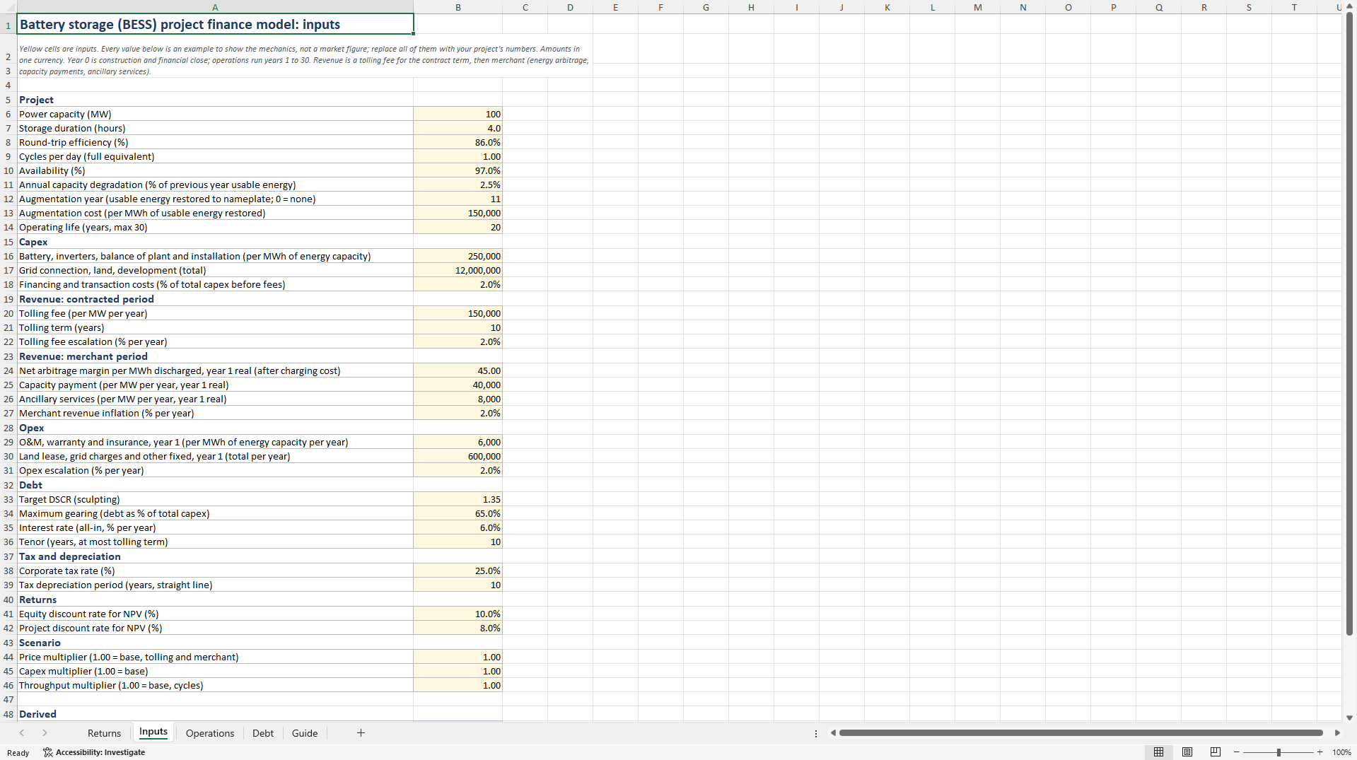 BESS Project Finance (Tolling Then Merchant, Degradation) (Excel template (XLSX)) Preview Image