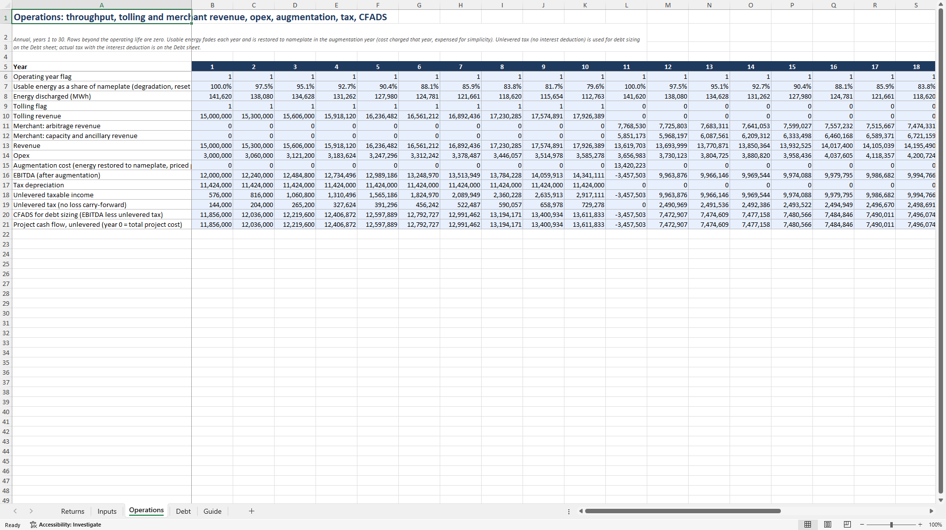 BESS Project Finance (Tolling Then Merchant, Degradation) (Excel template (XLSX)) Preview Image