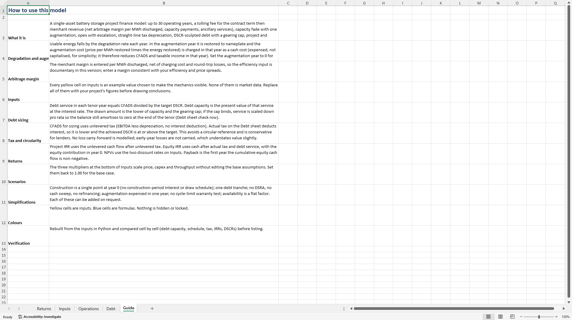 BESS Project Finance (Tolling Then Merchant, Degradation) (Excel template (XLSX)) Preview Image