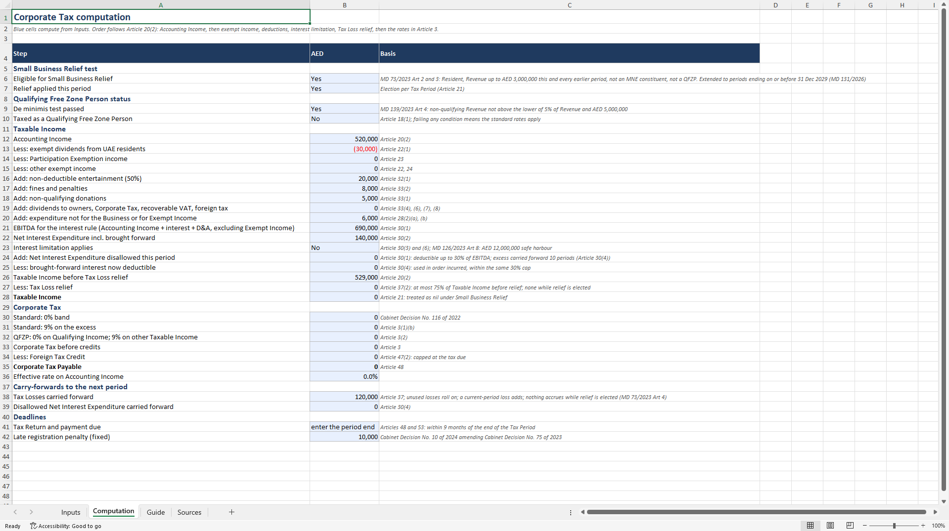 UAE Corporate Tax Computation: Small Business Relief (Excel template (XLSX)) Preview Image