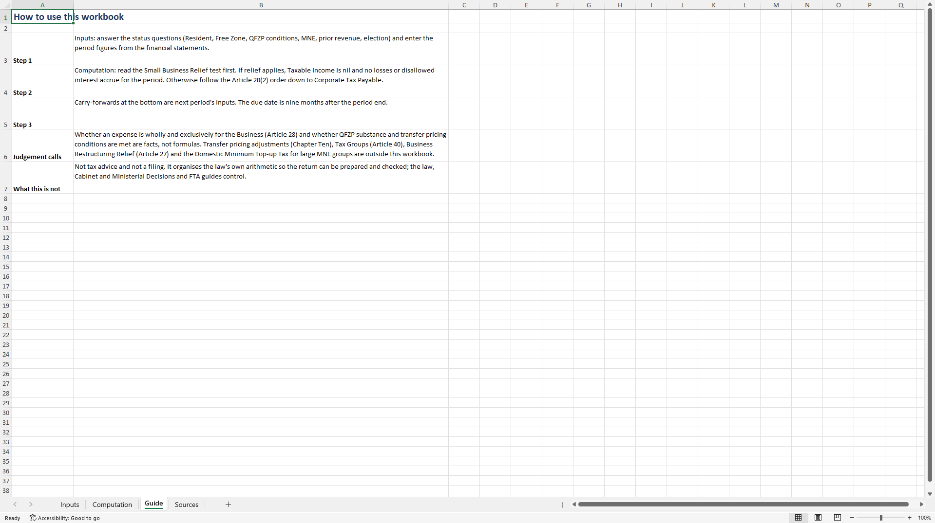 UAE Corporate Tax Computation: Small Business Relief (Excel template (XLSX)) Preview Image