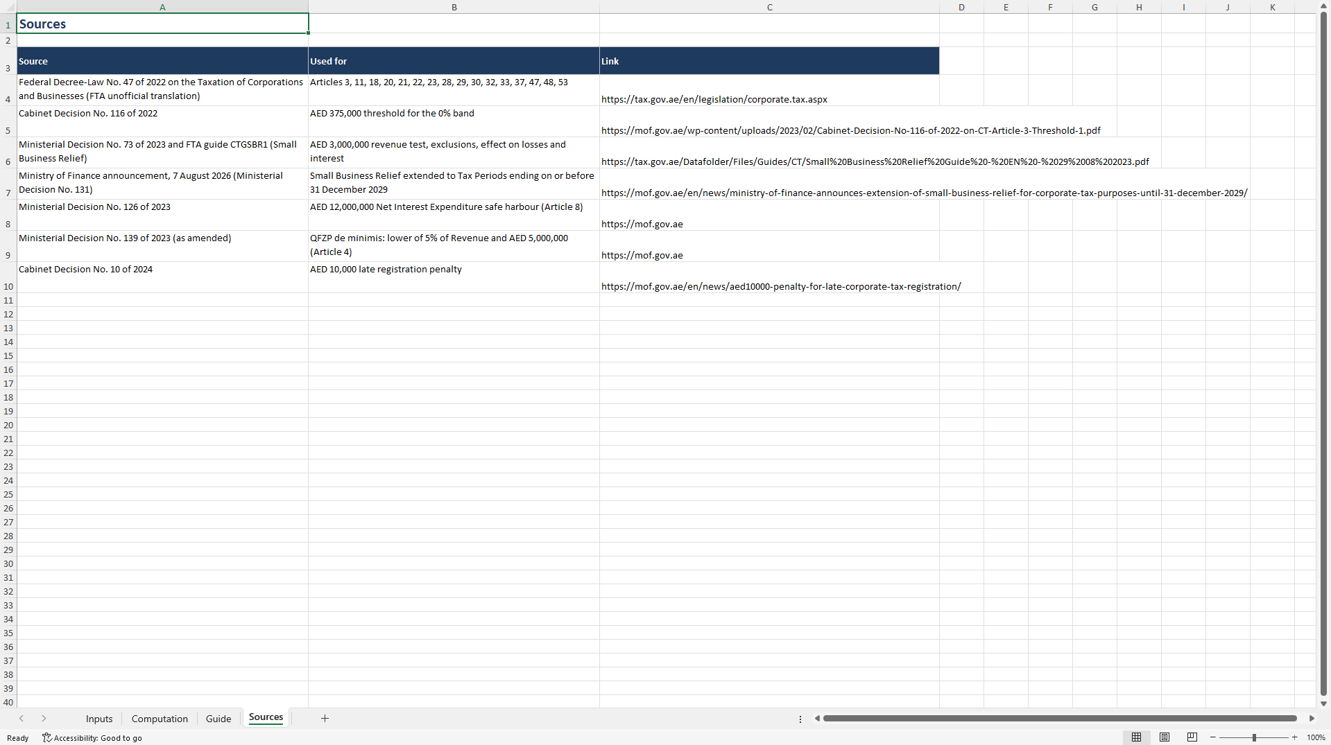 UAE Corporate Tax Computation: Small Business Relief (Excel template (XLSX)) Preview Image