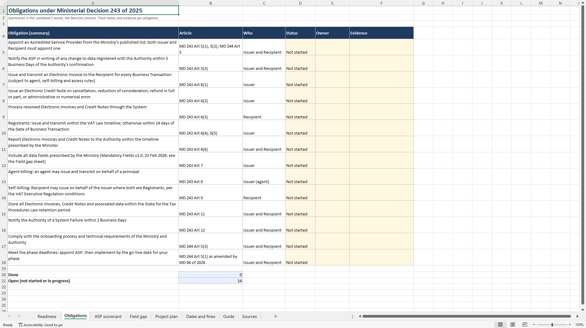 UAE e-Invoicing Readiness: Phases, Deadlines, ASP Scoring (Excel template (XLSX)) Preview Image
