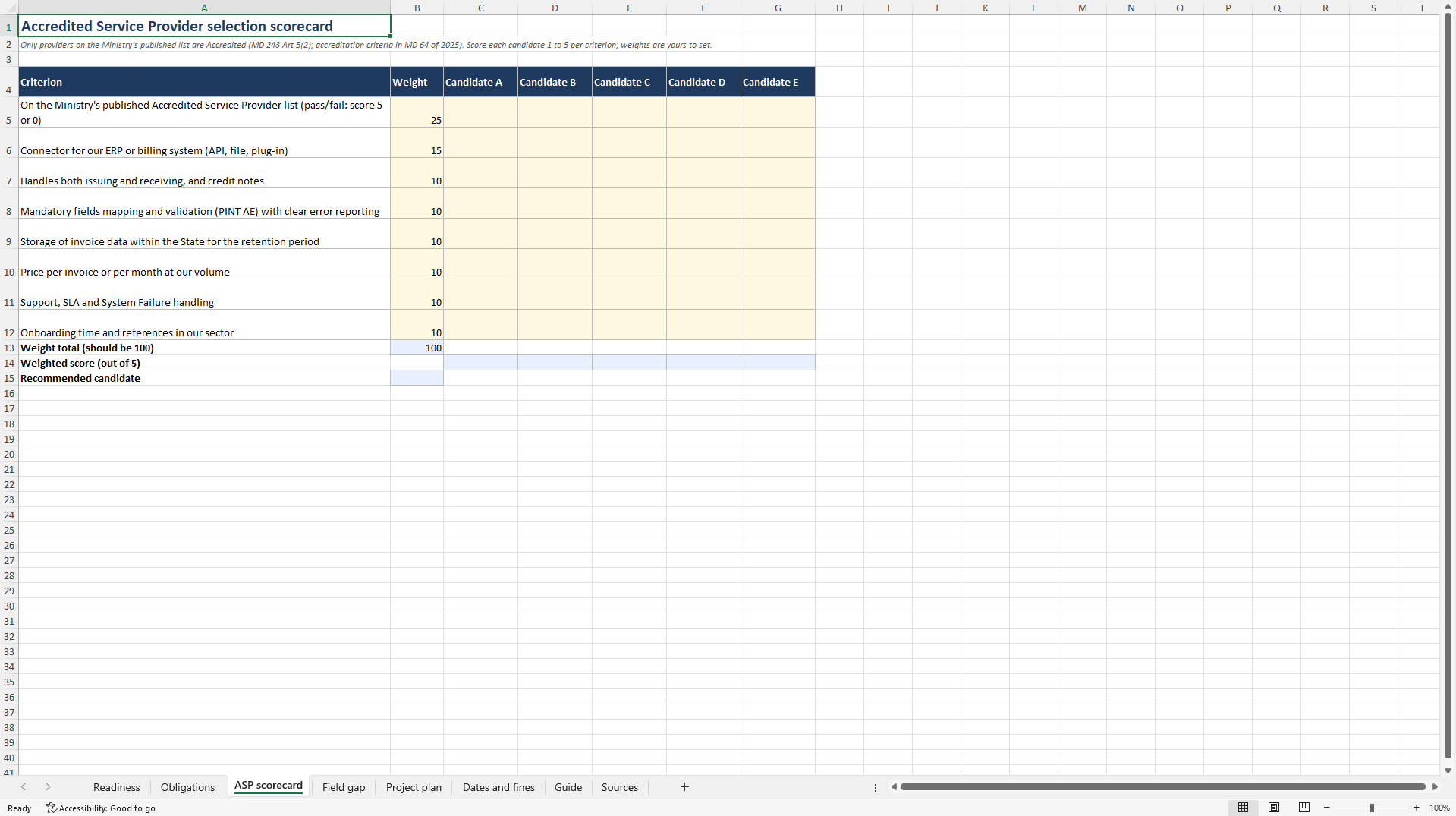 UAE e-Invoicing Readiness: Phases, Deadlines, ASP Scoring (Excel template (XLSX)) Preview Image