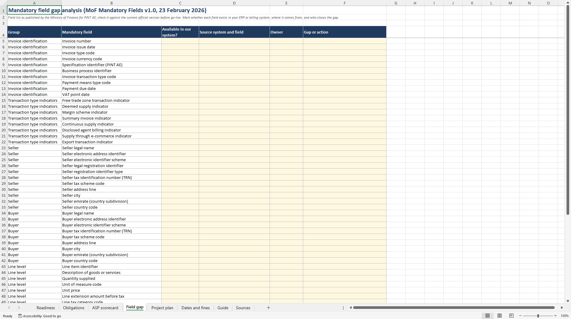UAE e-Invoicing Readiness: Phases, Deadlines, ASP Scoring (Excel template (XLSX)) Preview Image